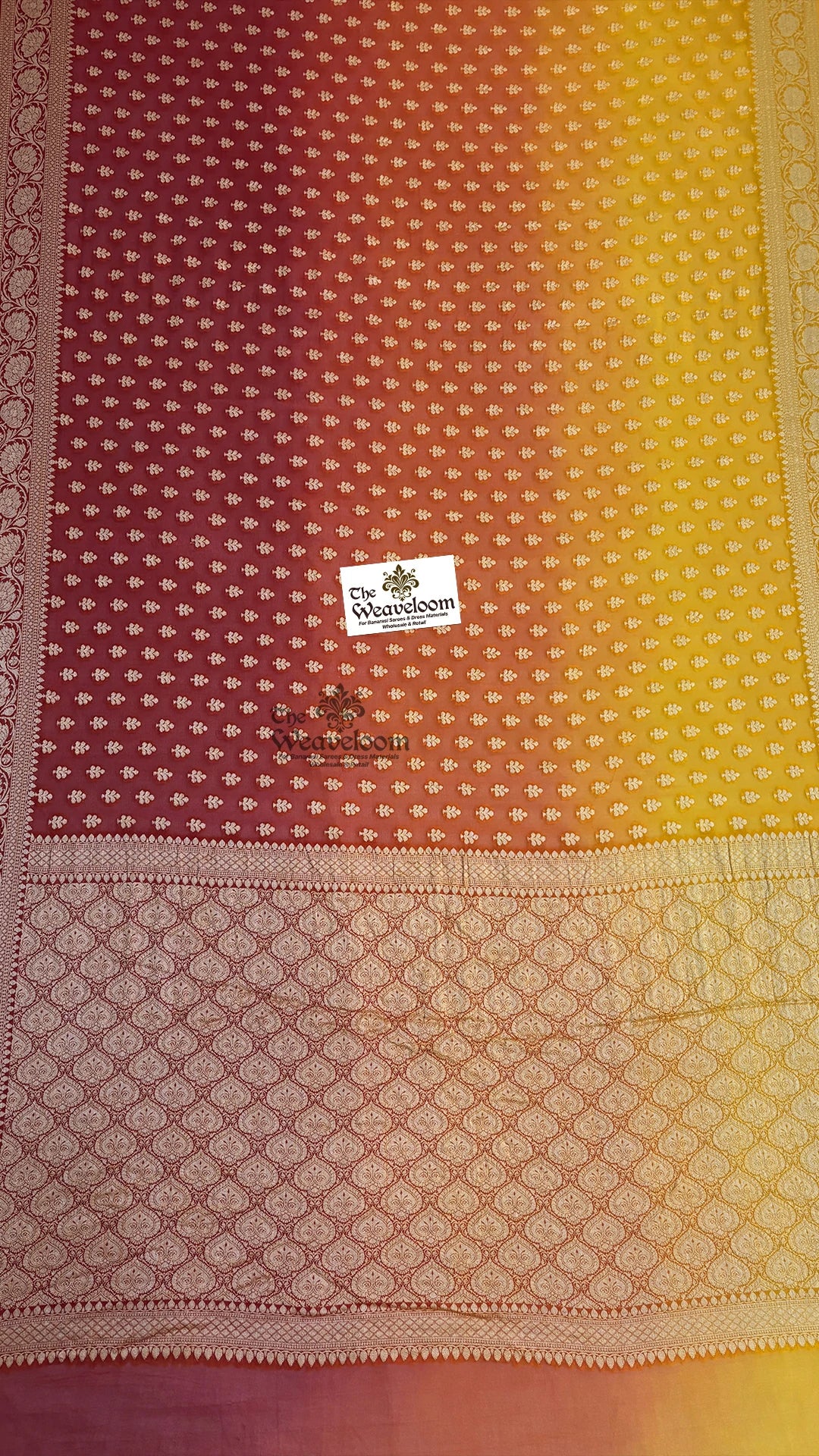 Maroon Yellow Triple Shade Booti Crepe Georgette Pure Banarasi Saree by The Weaveloom
