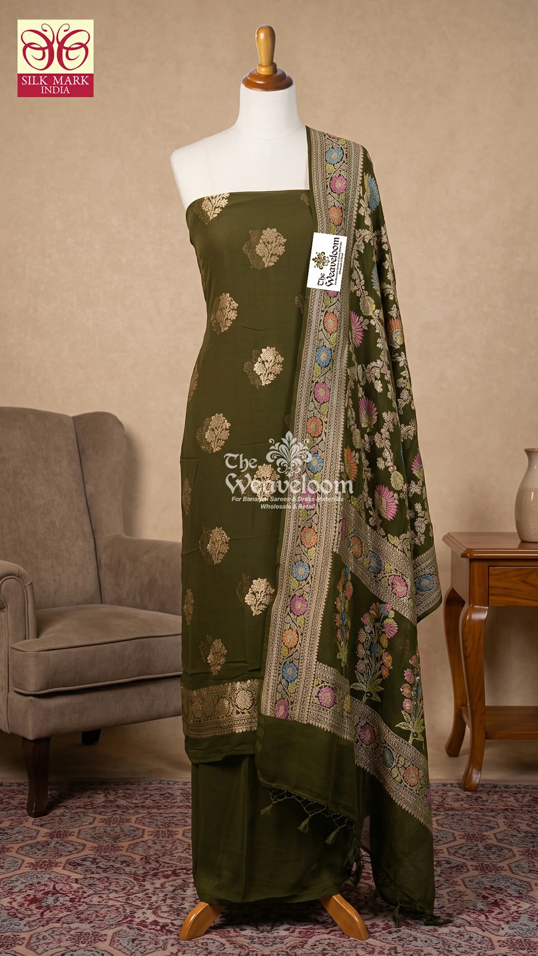 Mehendi Green Floral Butti Khaddi Georgette Pure Banarasi Dress Material with Water Zari by The Weaveloom