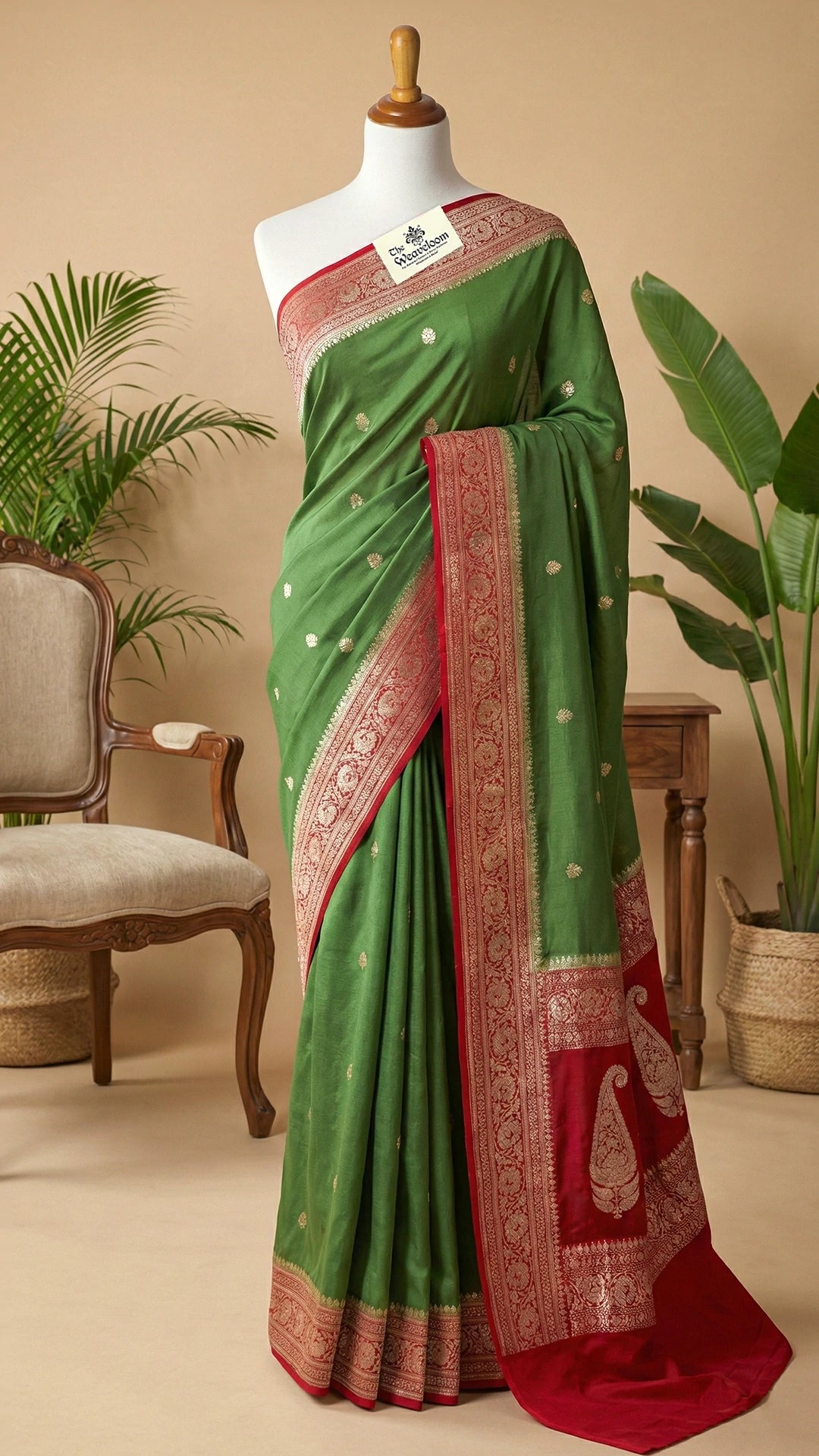 Mehendi Green Khaddi Georgette Pure Banarasi Saree with Silver Zari Red Paisley Pallu by The Weaveloom