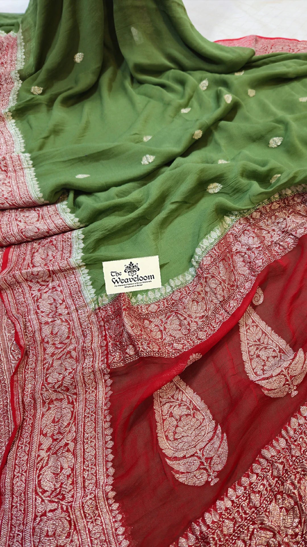 Mehendi Green Khaddi Georgette Pure Banarasi Saree with Silver Zari Red Paisley Pallu by The Weaveloom