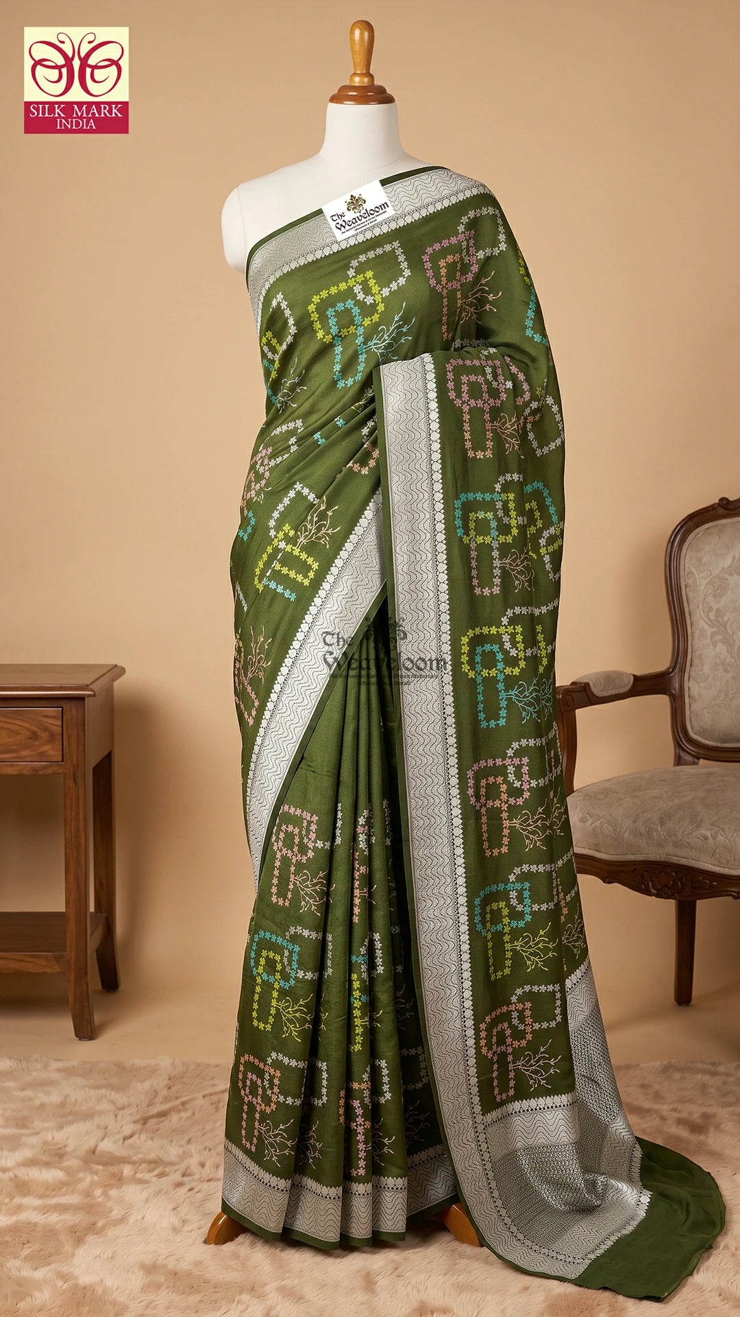 Mehendi Green Meenakari Floral Tussar Georgette Pure Banarasi Saree by The Weaveloom