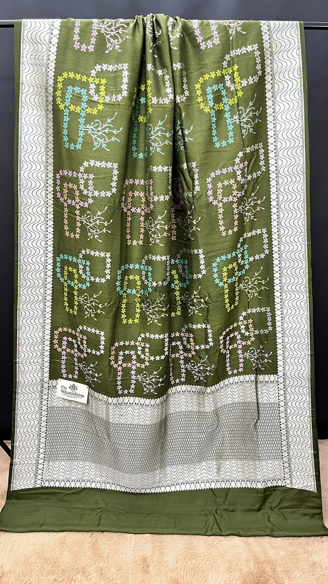 Mehendi Green Meenakari Floral Tussar Georgette Pure Banarasi Saree by The Weaveloom