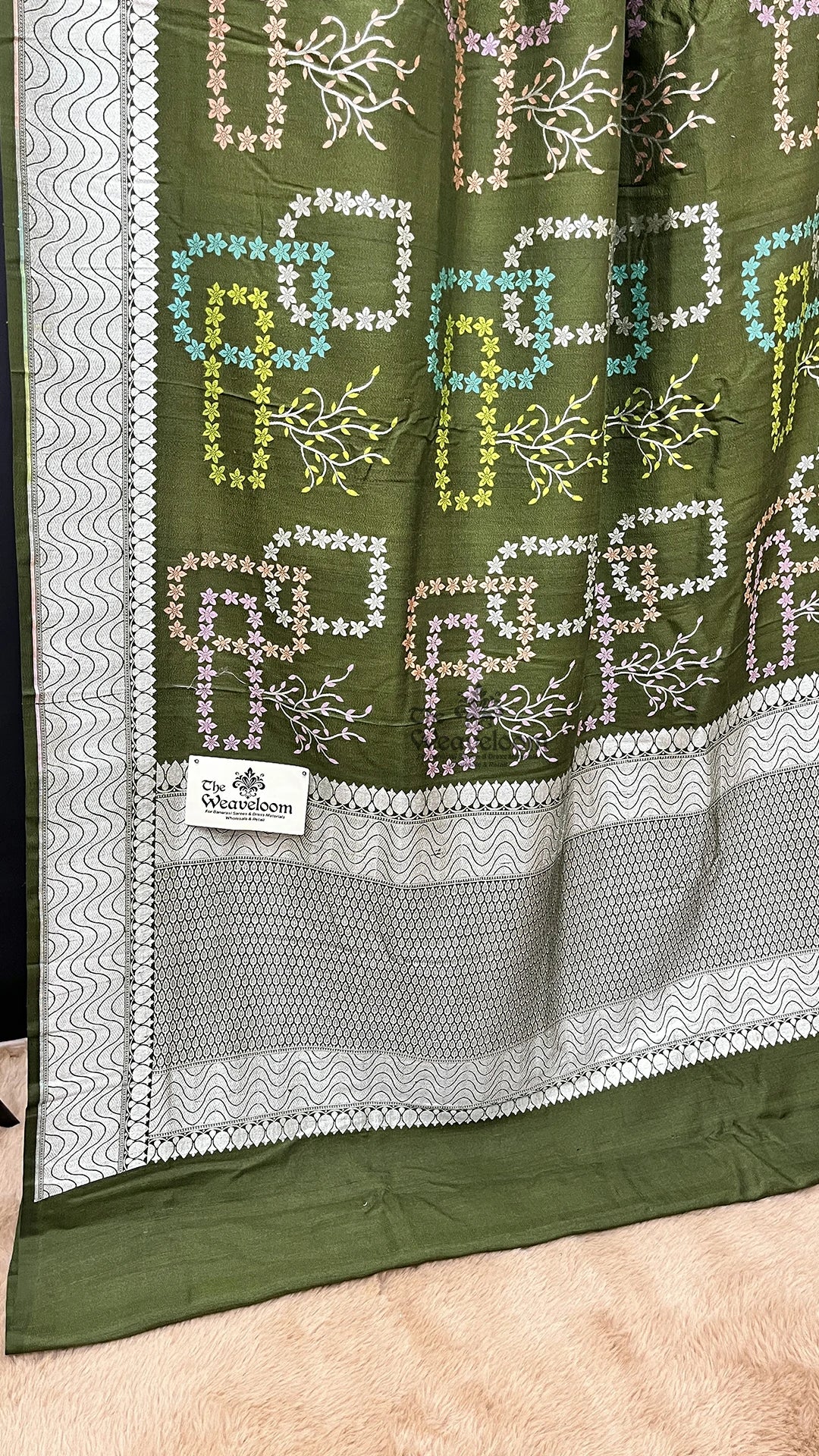 Mehendi Green Meenakari Floral Tussar Georgette Pure Banarasi Saree by The Weaveloom