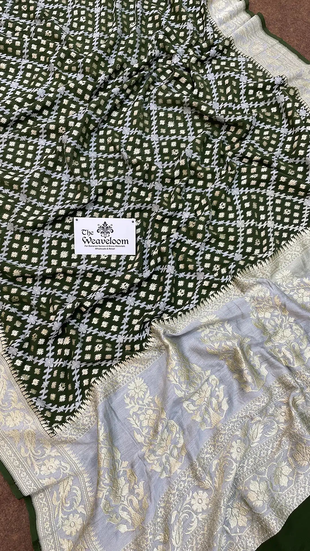 Mehendi Green Pure Khaddi Georgette Meenakari Banarasi Saree by The Weaveloom