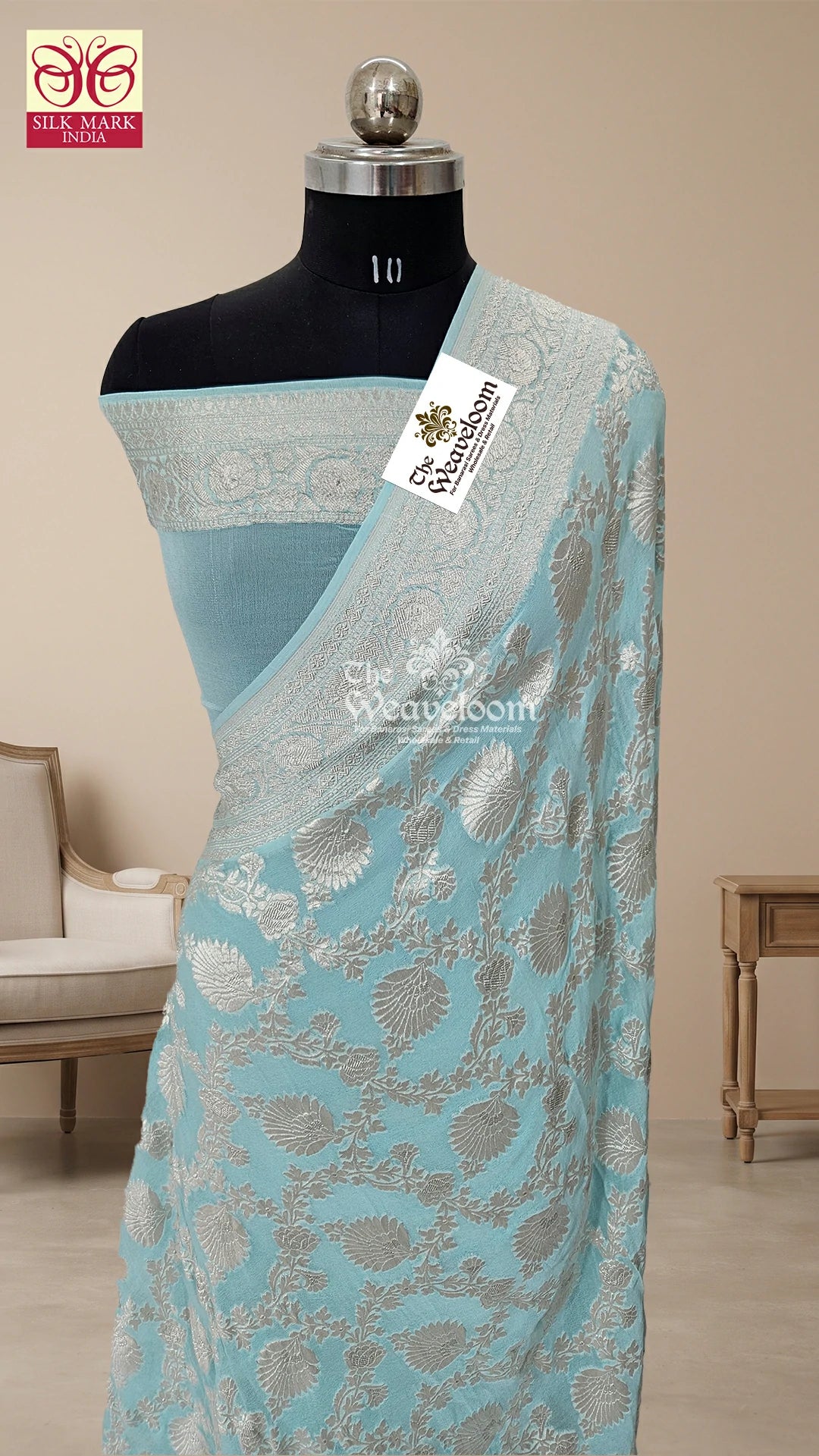 Mint Blue Silver Zari Jaal Khaddi Georgette Pure Banarasi Saree by The Weaveloom