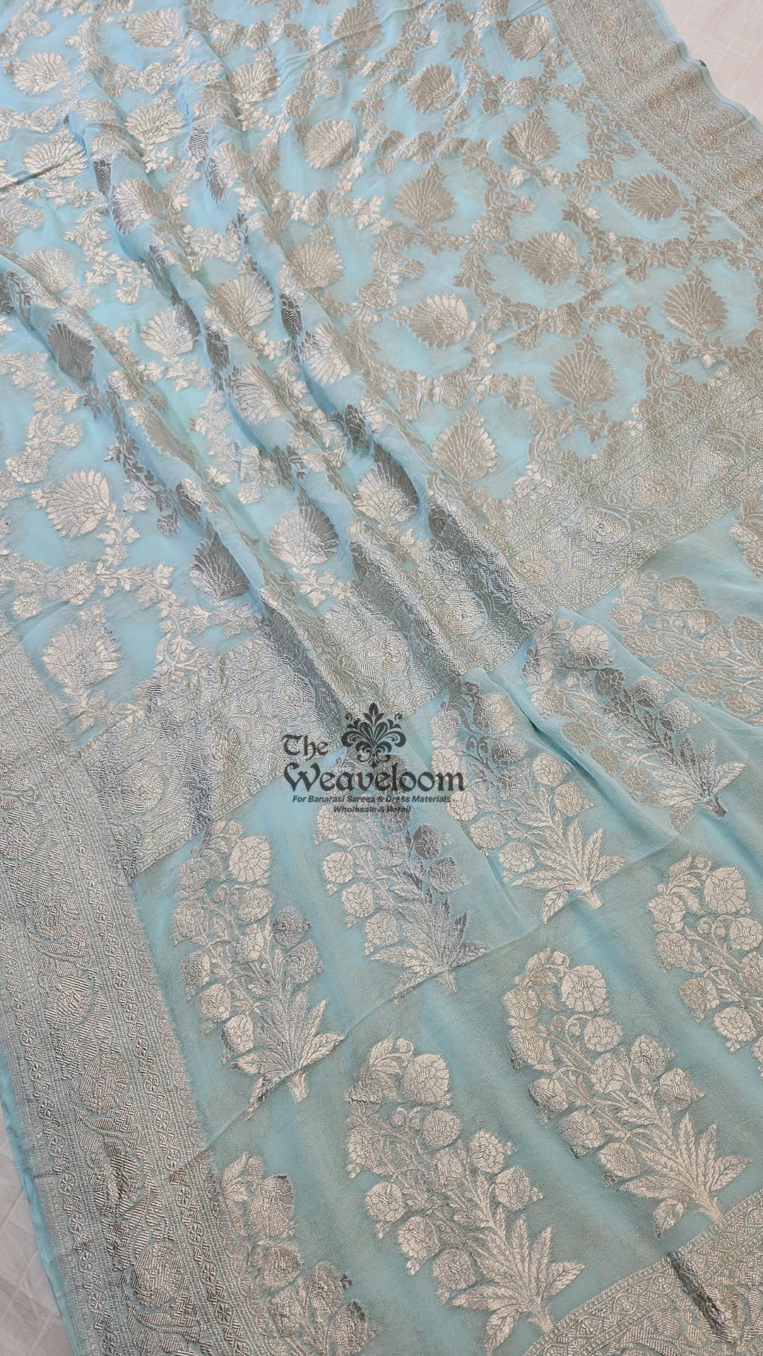 Mint Blue Silver Zari Jaal Khaddi Georgette Pure Banarasi Saree by The Weaveloom