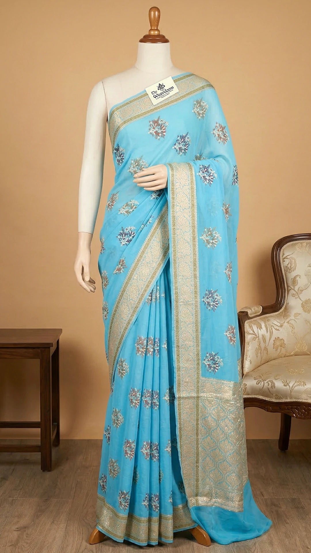 Mint Firozi Floral Meenakari Pure Crepe Georgette Banarasi Saree with Golden Zari Border by The Weaveloom