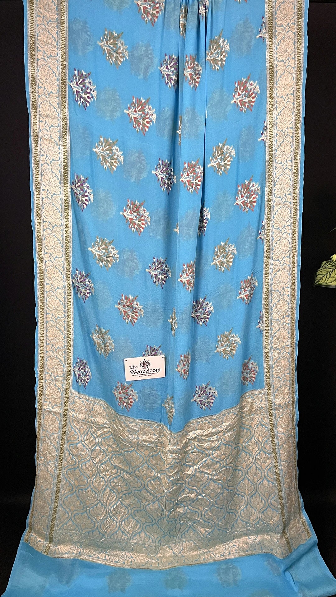 Mint Firozi Floral Meenakari Pure Crepe Georgette Banarasi Saree with Golden Zari Border by The Weaveloom