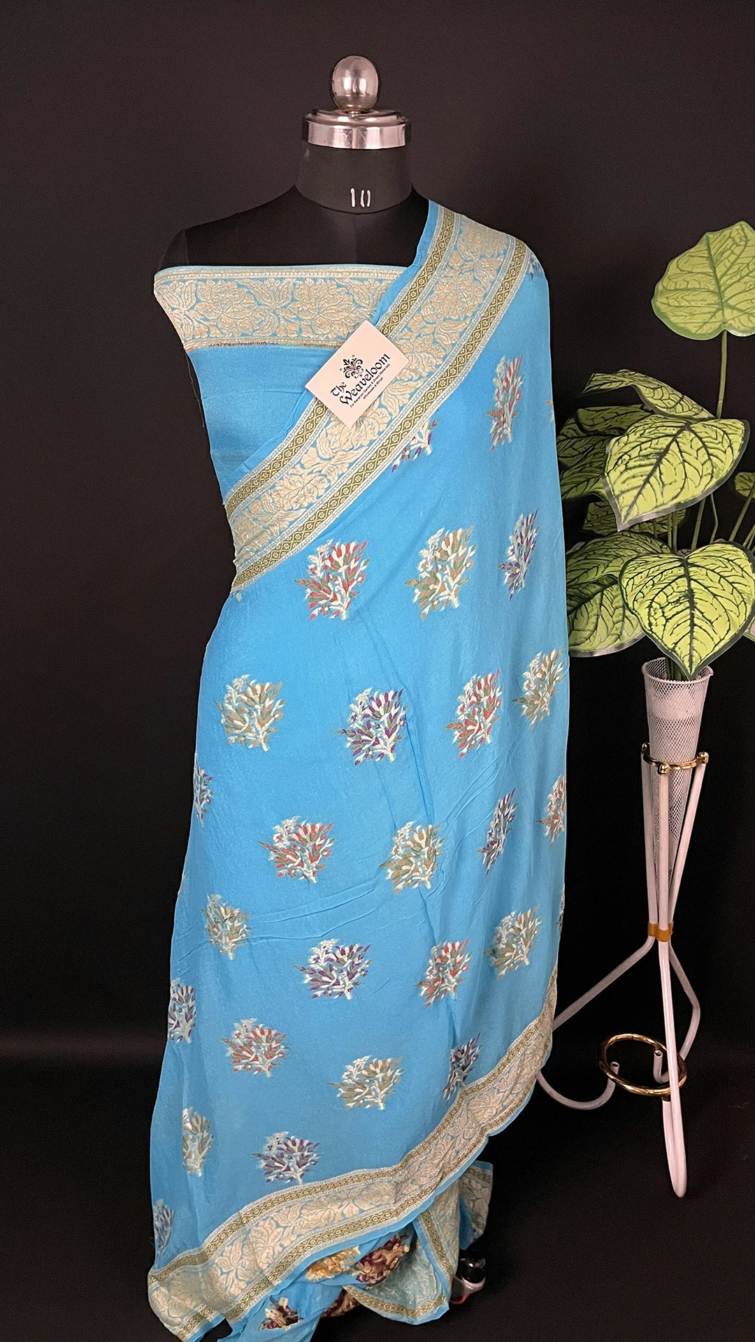 Mint Firozi Floral Meenakari Pure Crepe Georgette Banarasi Saree with Golden Zari Border by The Weaveloom