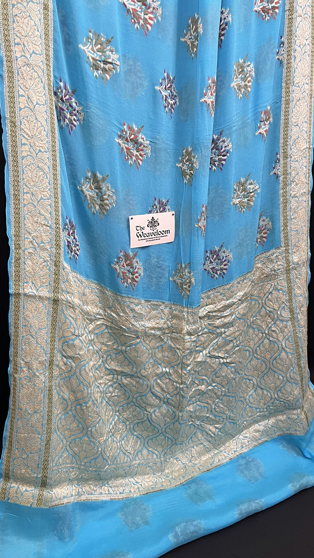 Mint Firozi Floral Meenakari Pure Crepe Georgette Banarasi Saree with Golden Zari Border by The Weaveloom