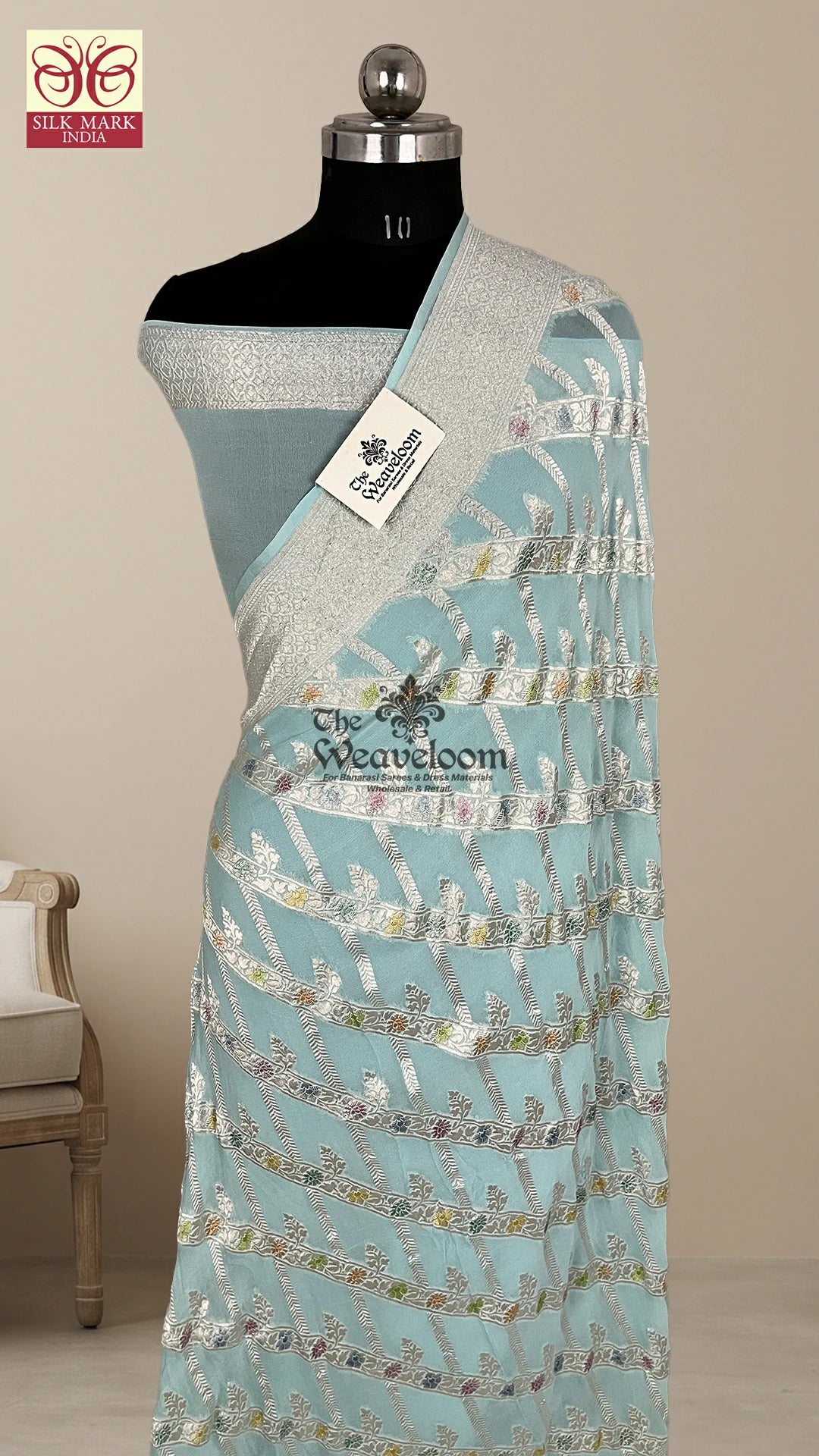 Mint Firozi Khaddi Georgette Pure Banarasi Saree with Silver Zari Meenakari Lattice Jaal by The Weaveloom