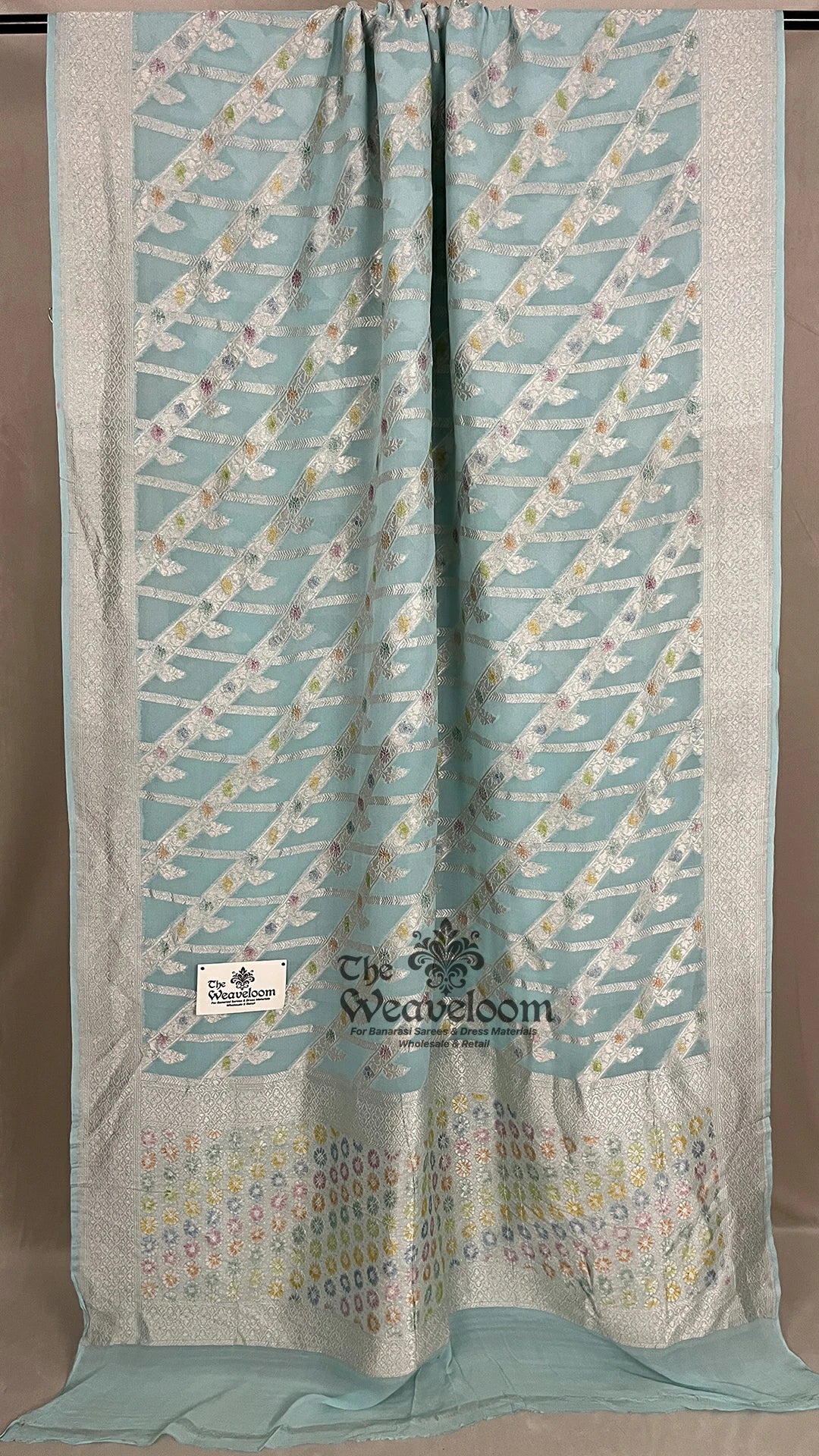 Mint Firozi Khaddi Georgette Pure Banarasi Saree with Silver Zari Meenakari Lattice Jaal by The Weaveloom