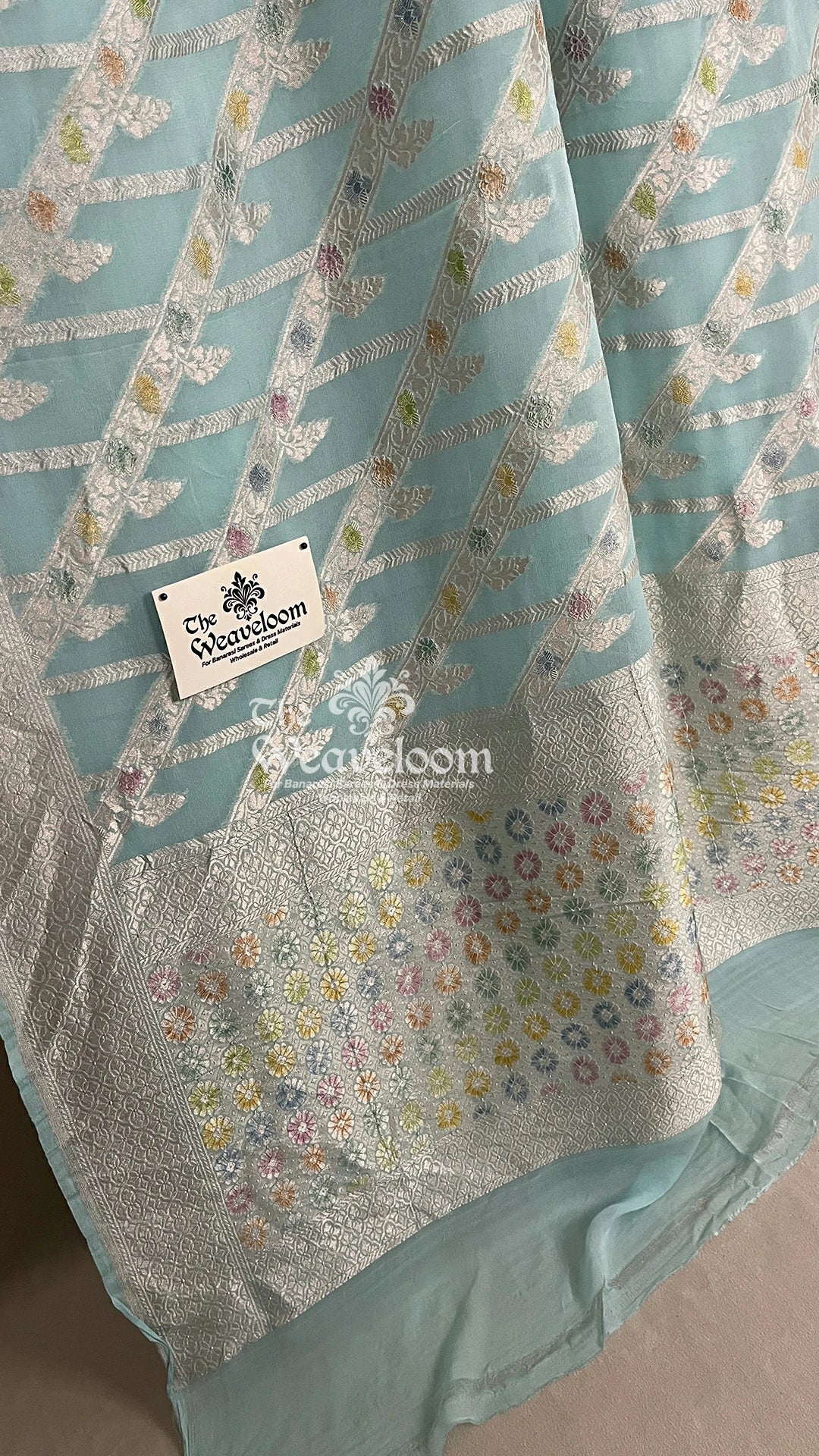 Mint Firozi Khaddi Georgette Pure Banarasi Saree with Silver Zari Meenakari Lattice Jaal by The Weaveloom
