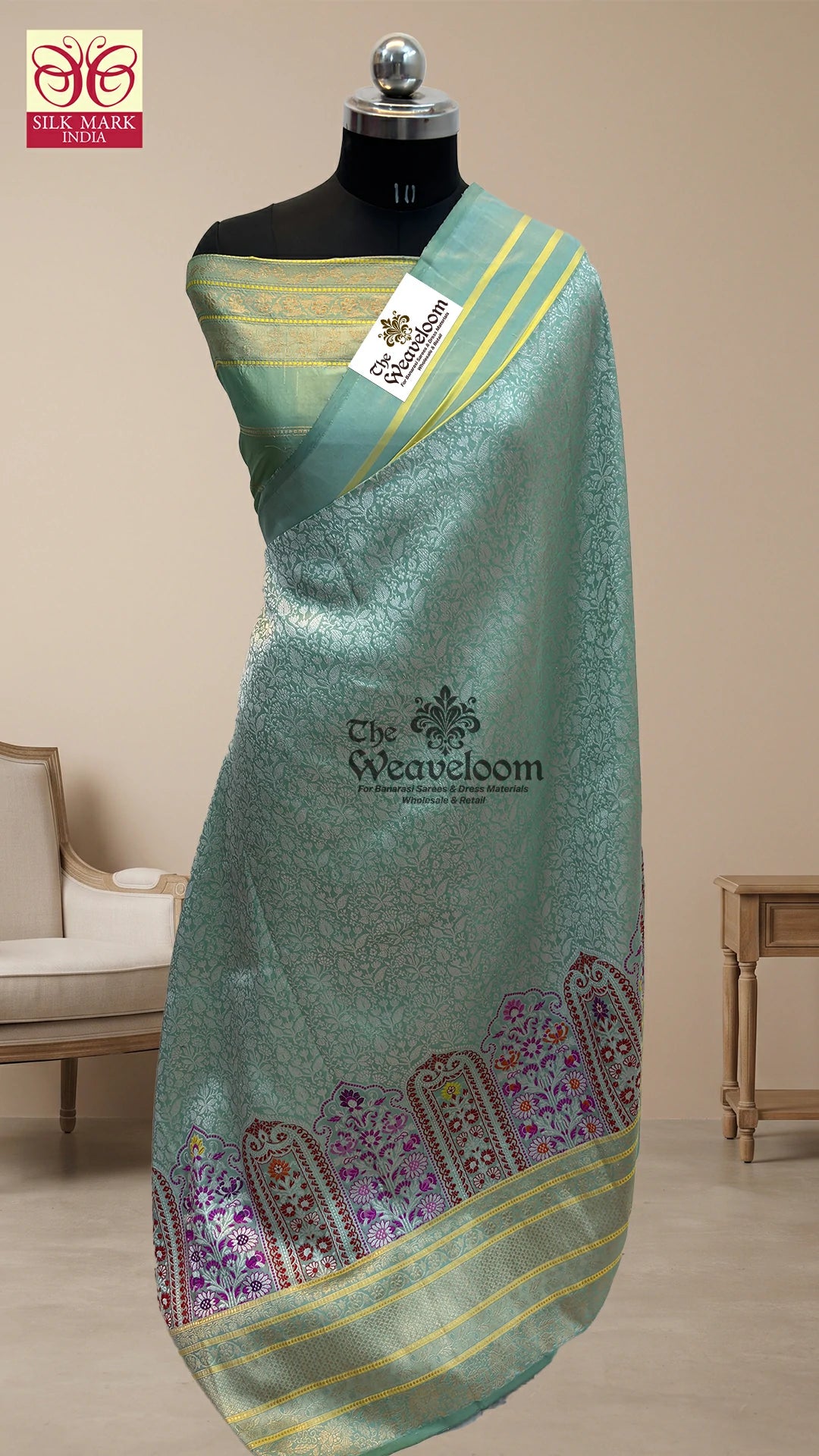 Mint green meenakari mehrab handloom katan silk pure banarasi saree from The Weaveloom