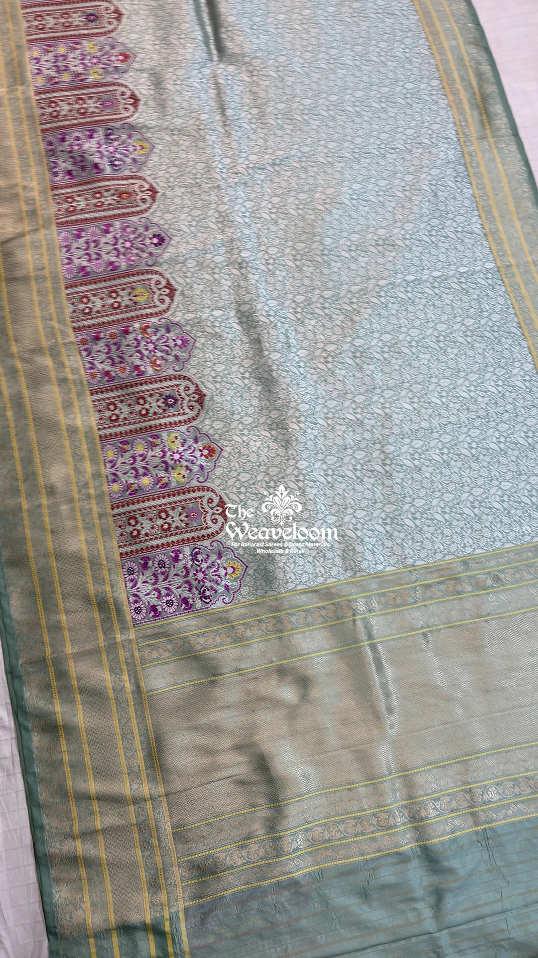 Mint green meenakari mehrab handloom katan silk pure banarasi saree from The Weaveloom