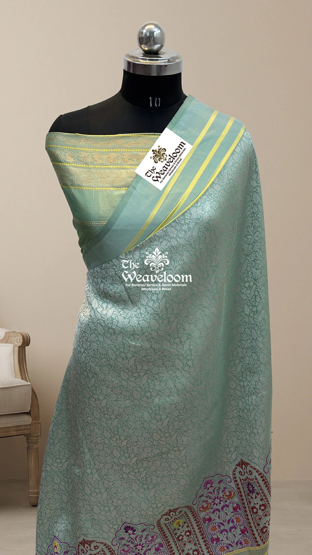 Mint green meenakari mehrab handloom katan silk pure banarasi saree from The Weaveloom
