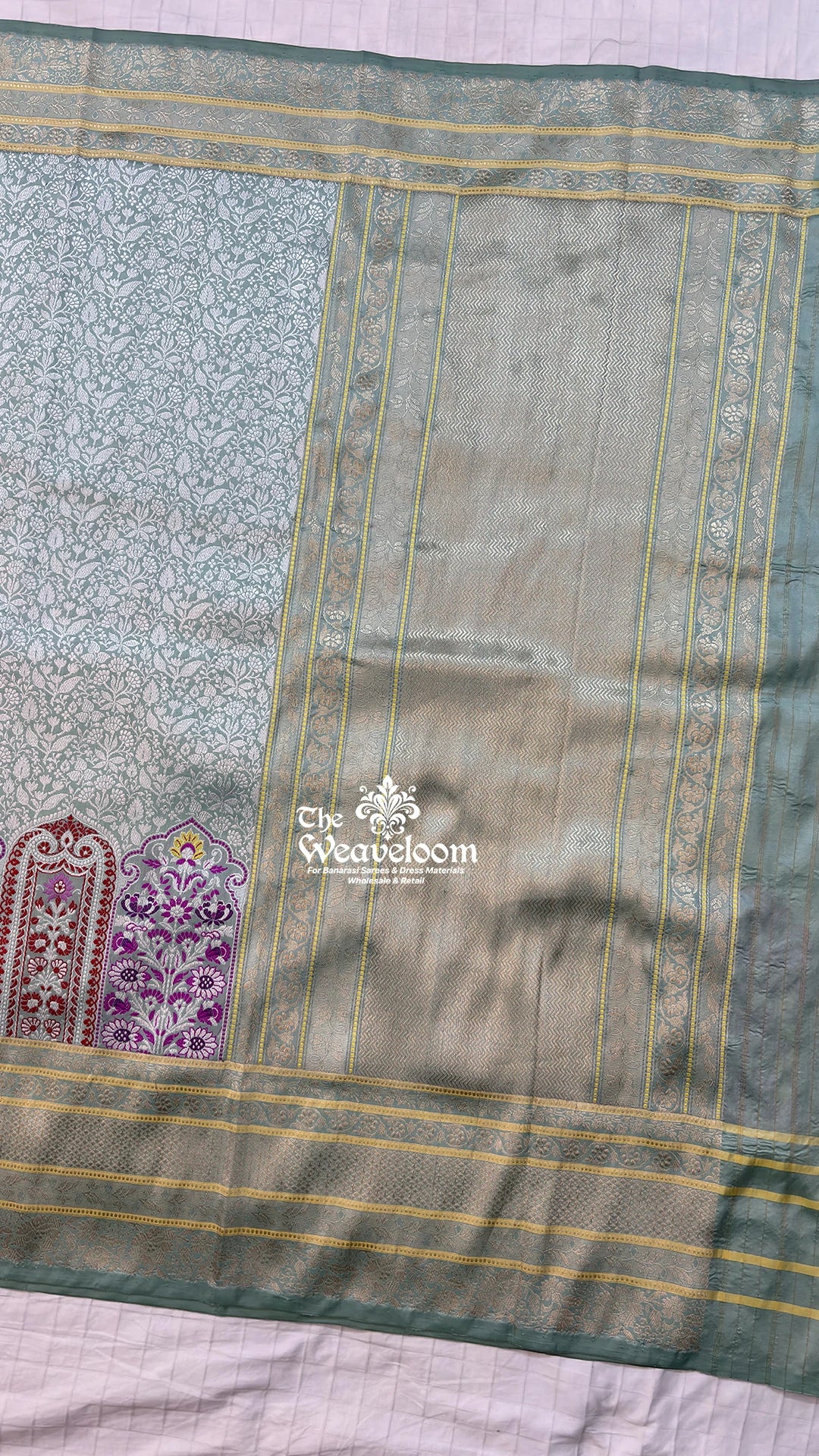 Mint green meenakari mehrab handloom katan silk pure banarasi saree from The Weaveloom