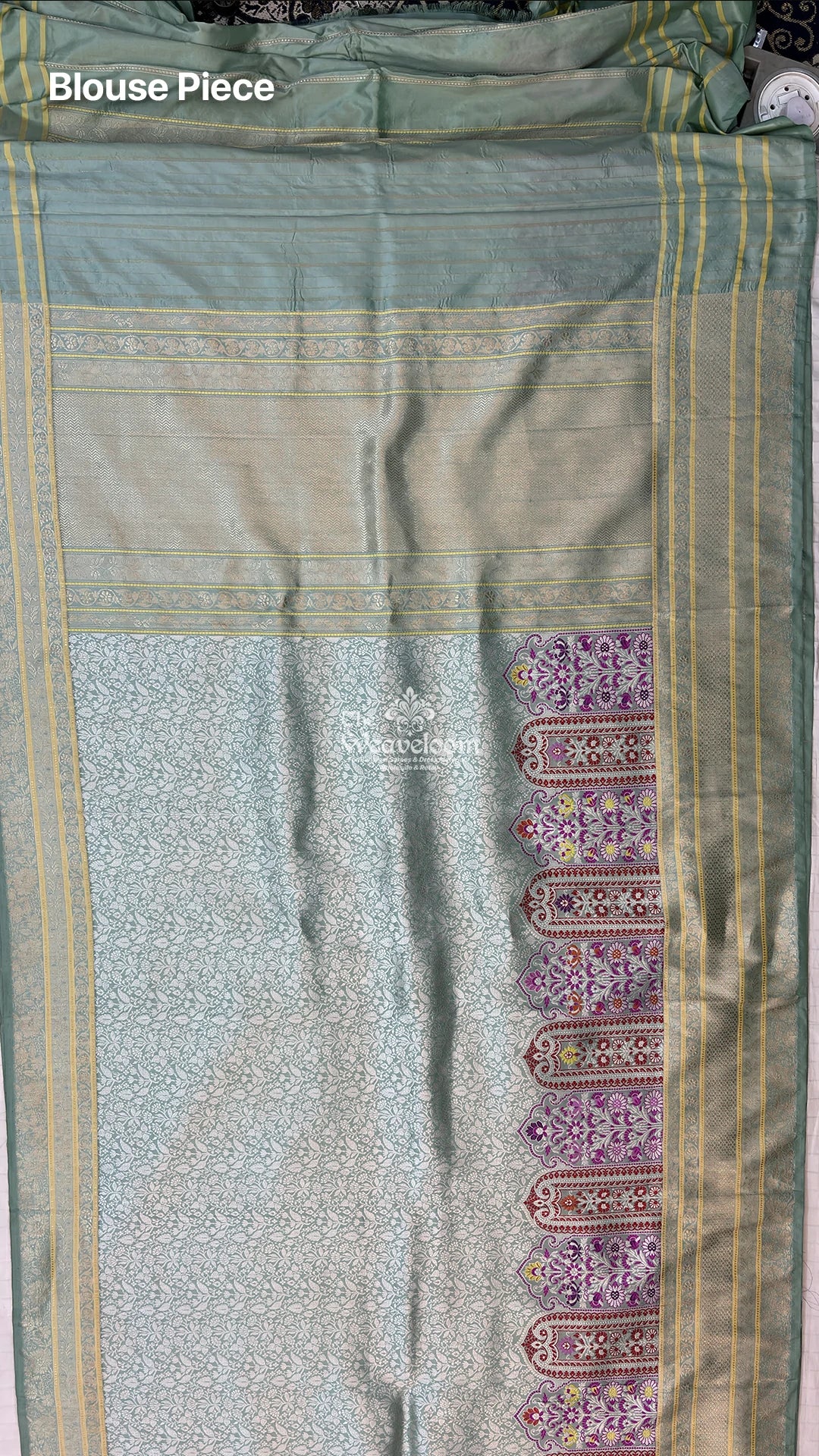 Mint green meenakari mehrab handloom katan silk pure banarasi saree from The Weaveloom