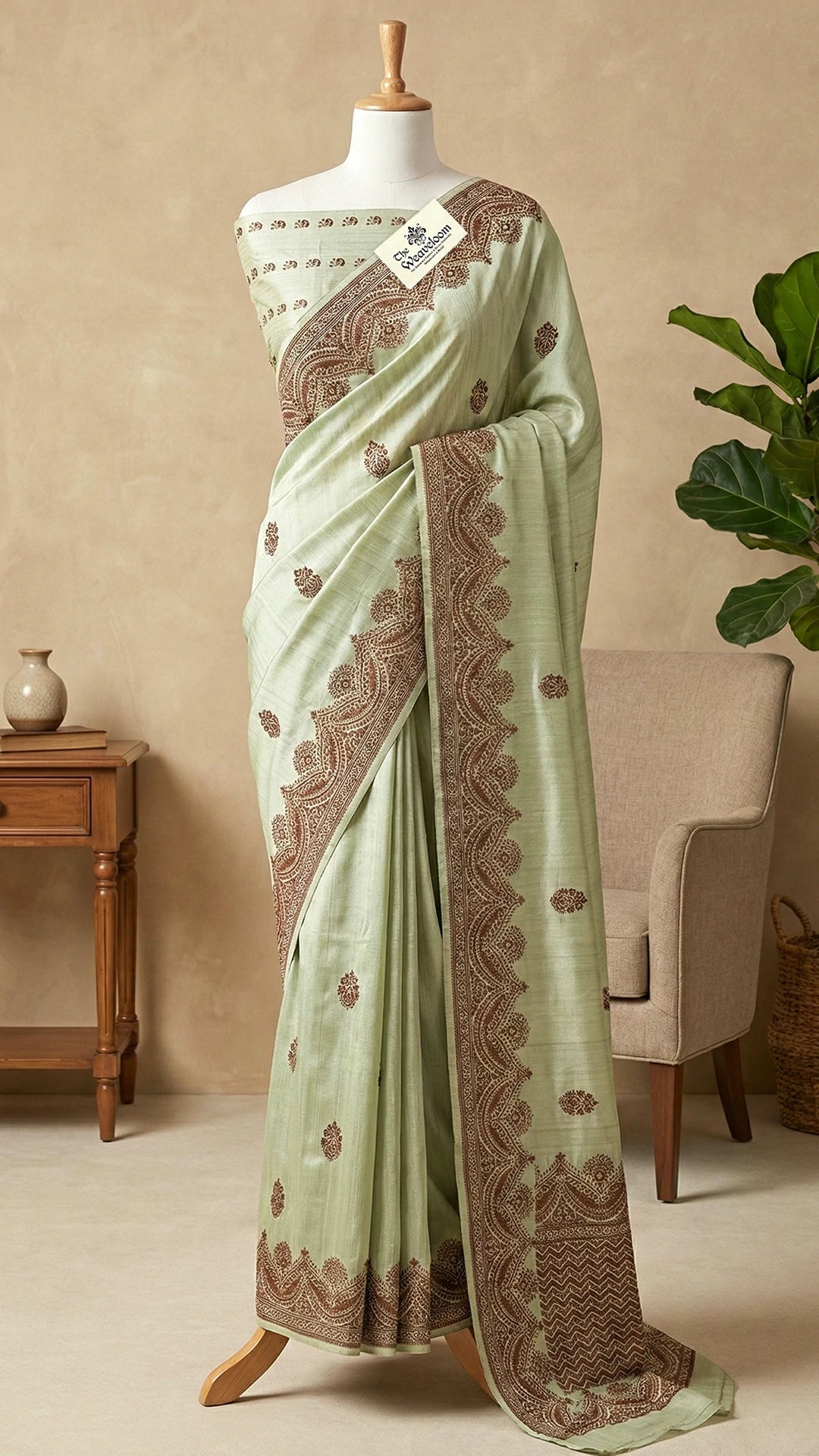 Mint Green Raw Silk Pure Handloom Banarasi Saree with Antique Zari Border & Buti Blouse – The Weaveloom