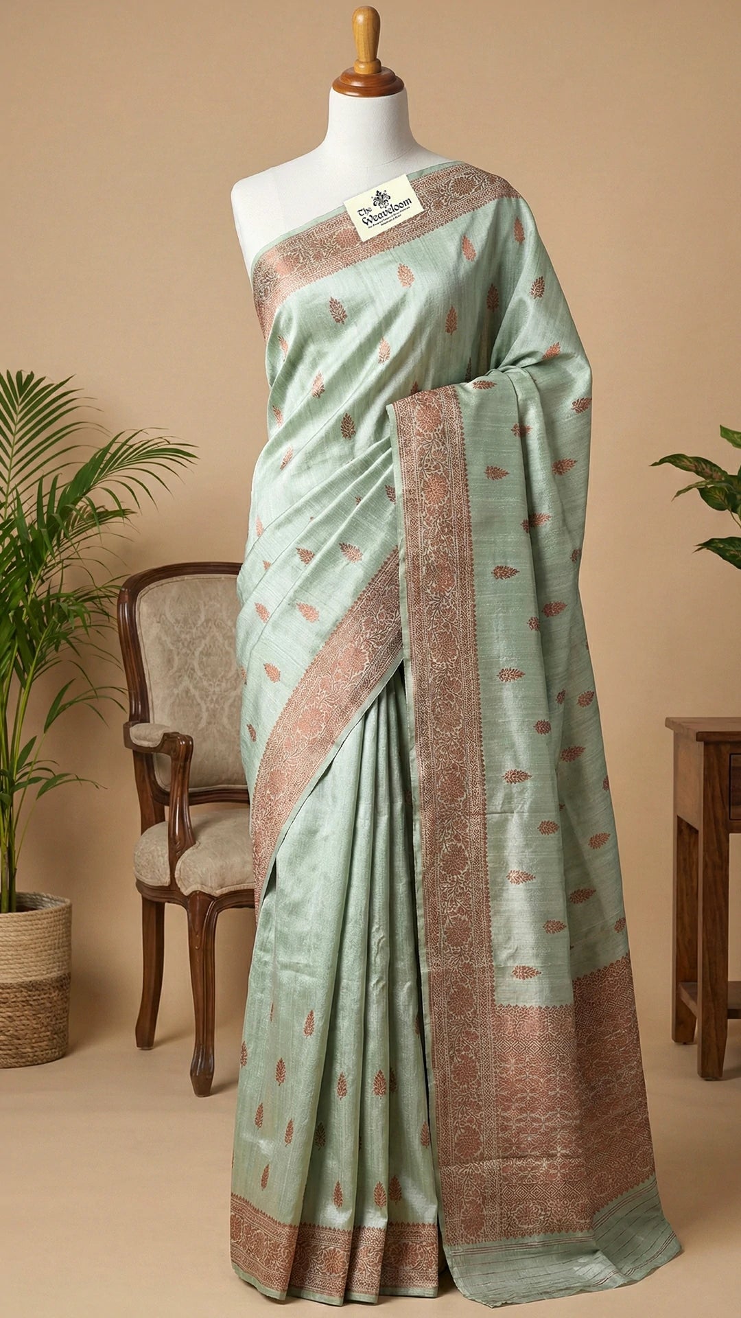Mint Green Raw Silk Pure Handloom Banarasi Saree with Antique Zari Floral Border & Buta Work by The Weaveloom