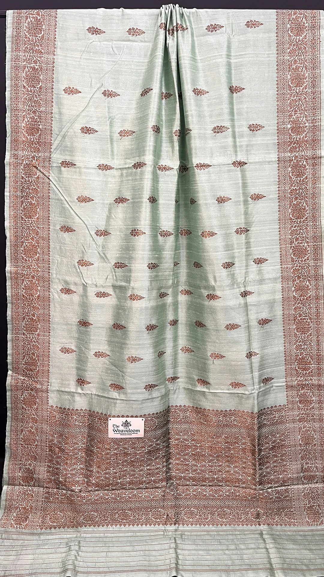 Mint Green Raw Silk Pure Handloom Banarasi Saree with Antique Zari Floral Border & Buta Work by The Weaveloom