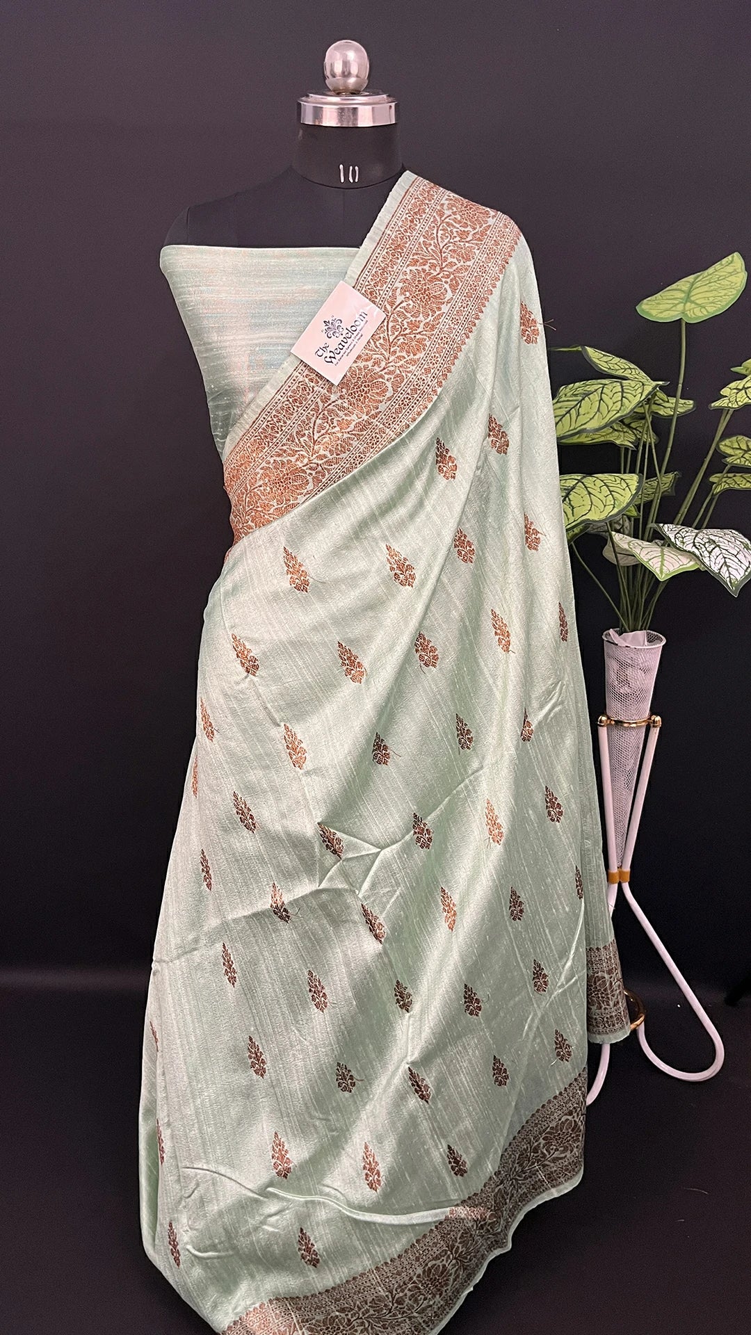Mint Green Raw Silk Pure Handloom Banarasi Saree with Antique Zari Floral Border & Buta Work by The Weaveloom