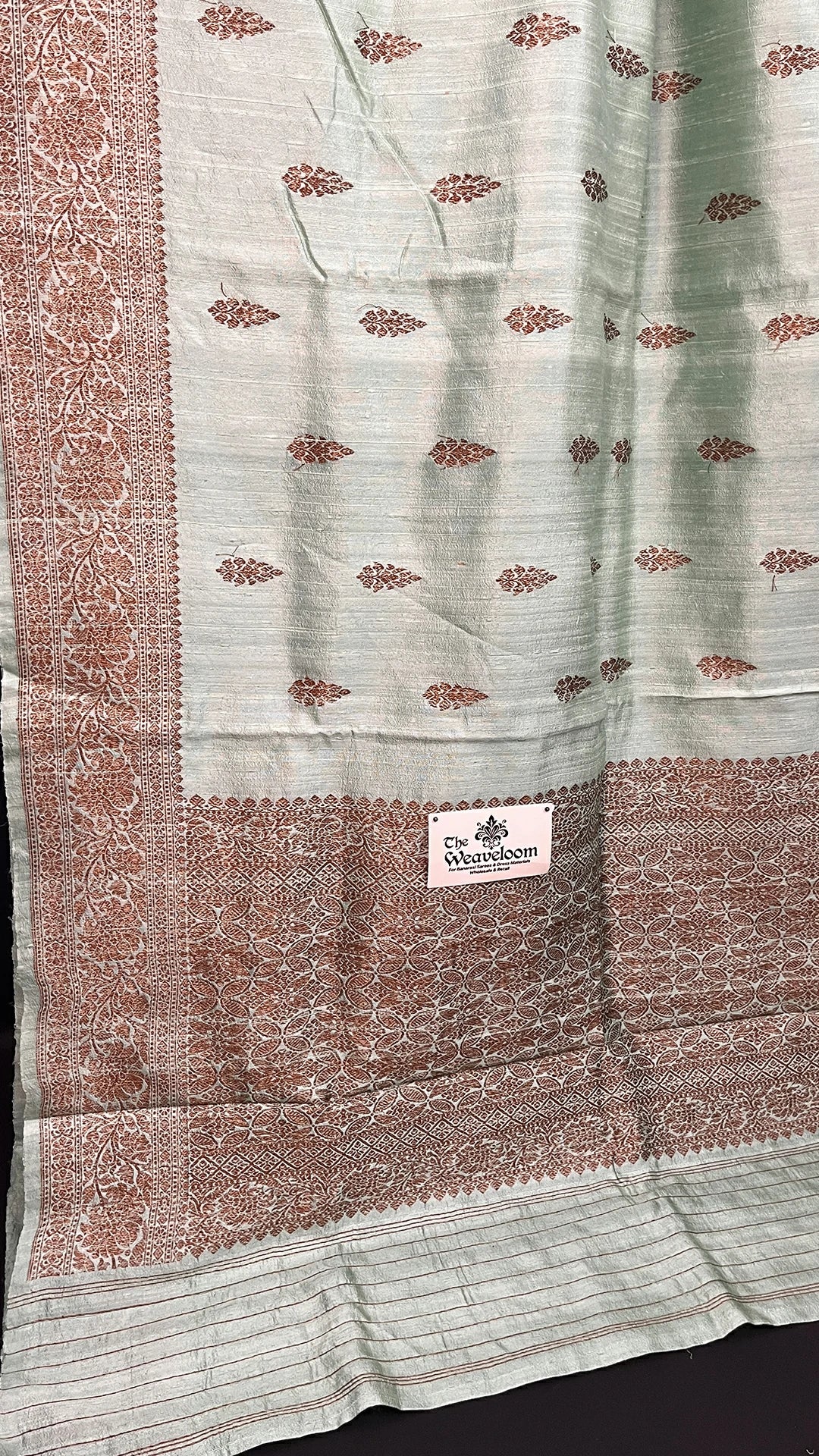 Mint Green Raw Silk Pure Handloom Banarasi Saree with Antique Zari Floral Border & Buta Work by The Weaveloom