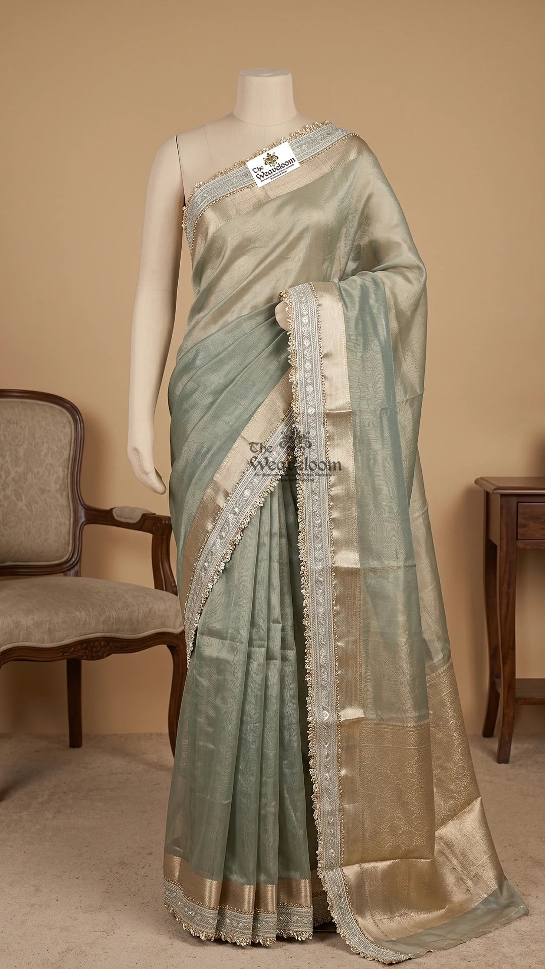 Mint Green Tissue Silk Pure Banarasi Saree with Gold Floral Pallu and Lace Border by The Weaveloom