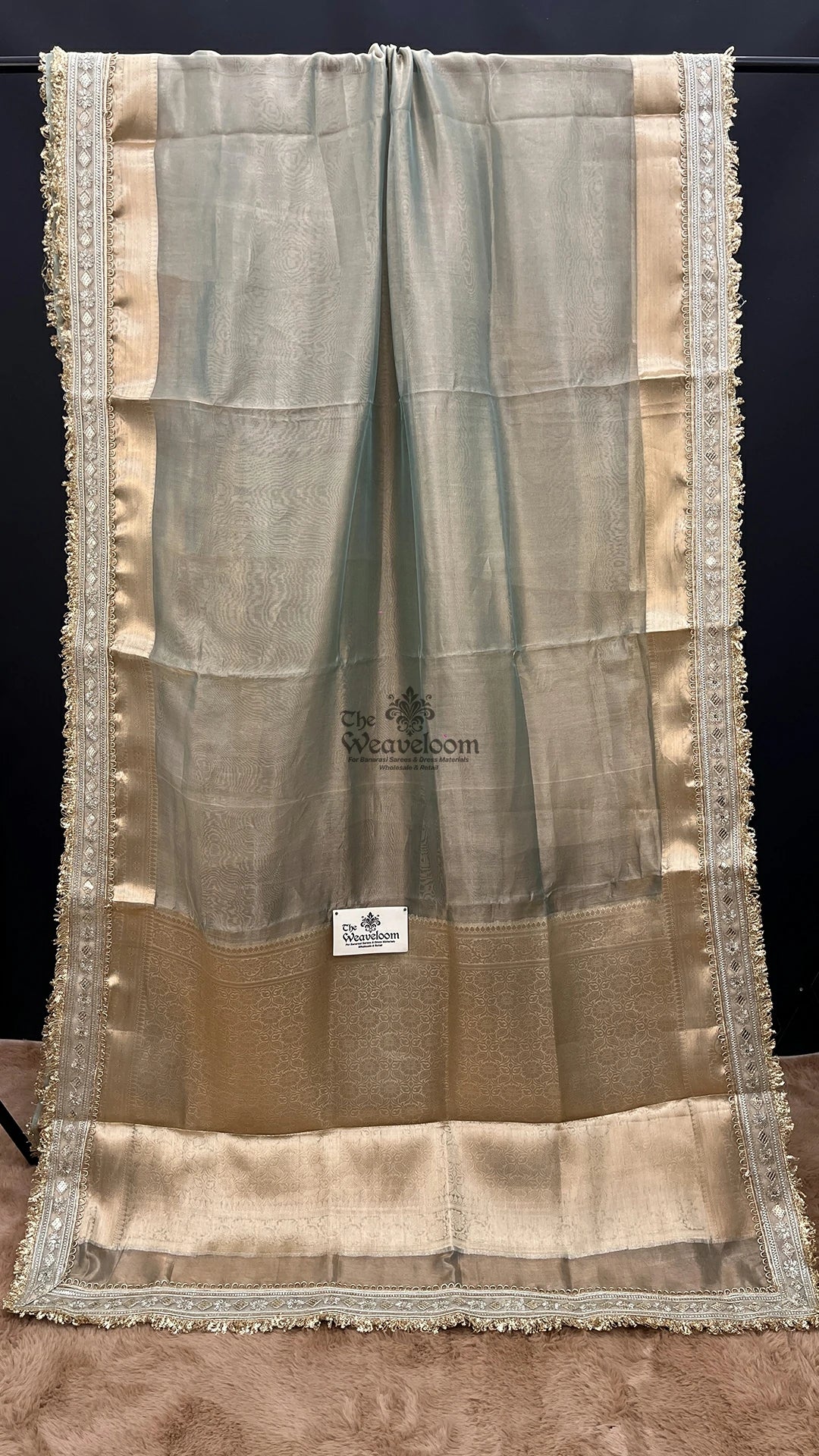 Mint Green Tissue Silk Pure Banarasi Saree with Gold Floral Pallu and Lace Border by The Weaveloom