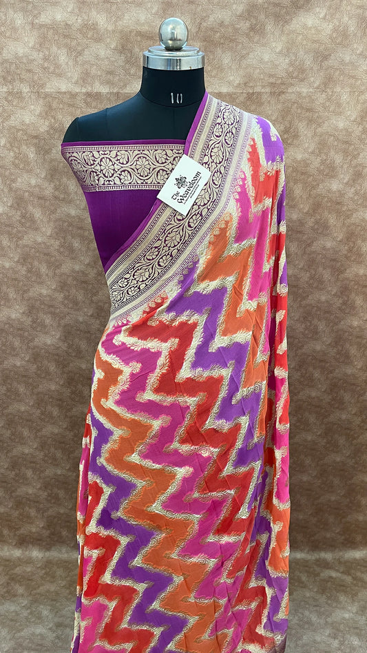 Multicolor Zig-Zag Rangkat Khaddi Georgette Water Zari Pure Banarasi Saree by The Weaveloom