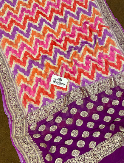 Multicolor Zig-Zag Rangkat Khaddi Georgette Water Zari Pure Banarasi Saree by The Weaveloom