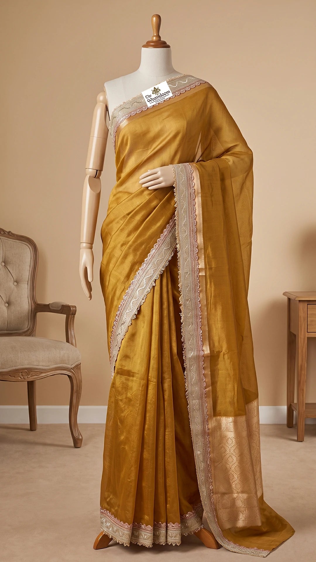 Mustard Brown Tissue Silk Pure Banarasi Saree with Sequin Lace Border by The Weaveloom
