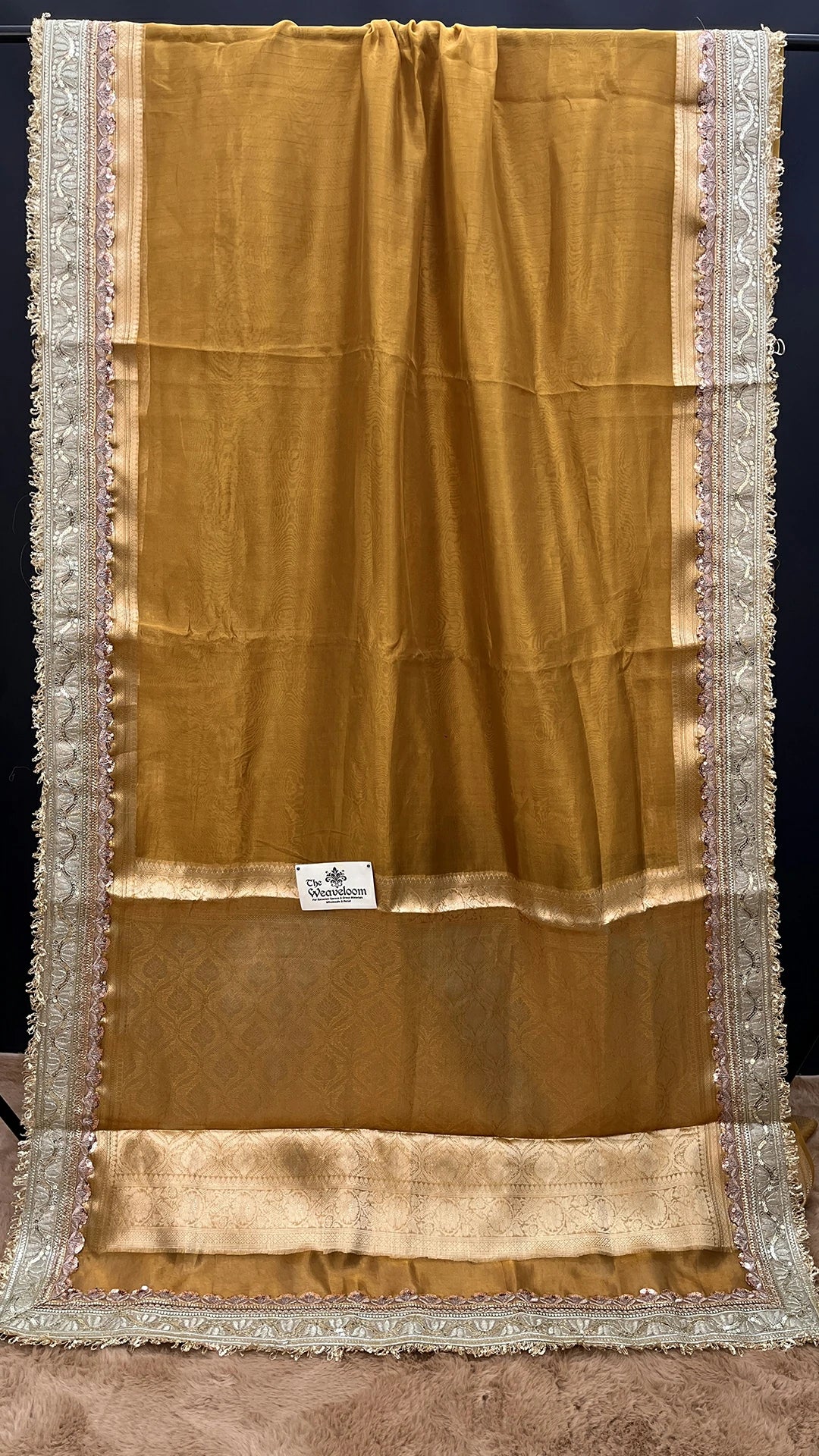 Mustard Brown Tissue Silk Pure Banarasi Saree with Sequin Lace Border by The Weaveloom