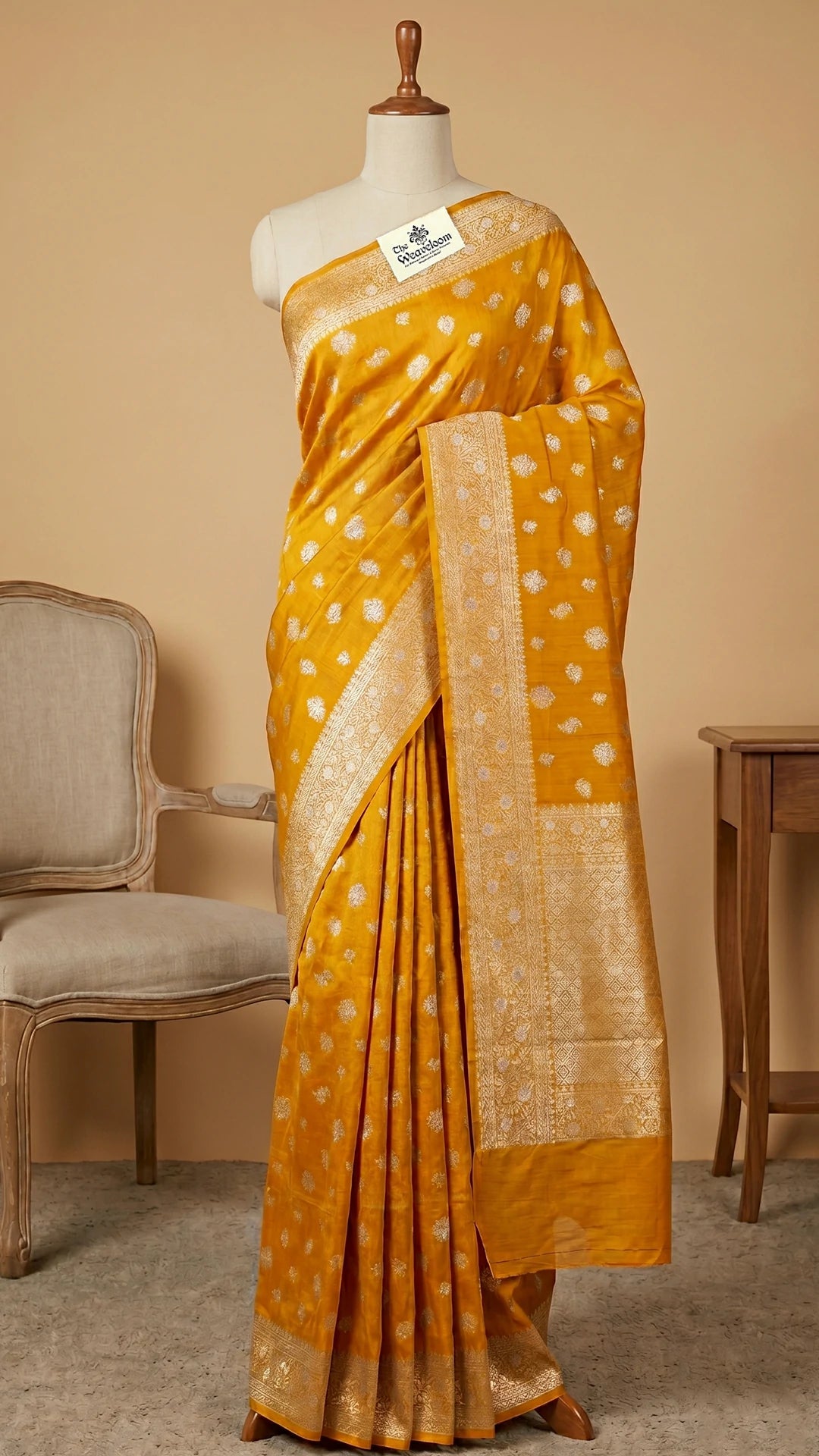 Mustard Chiniya Silk Pure Banarasi Saree with Sona Rupa Zari Buti Floral Border The Weaveloom