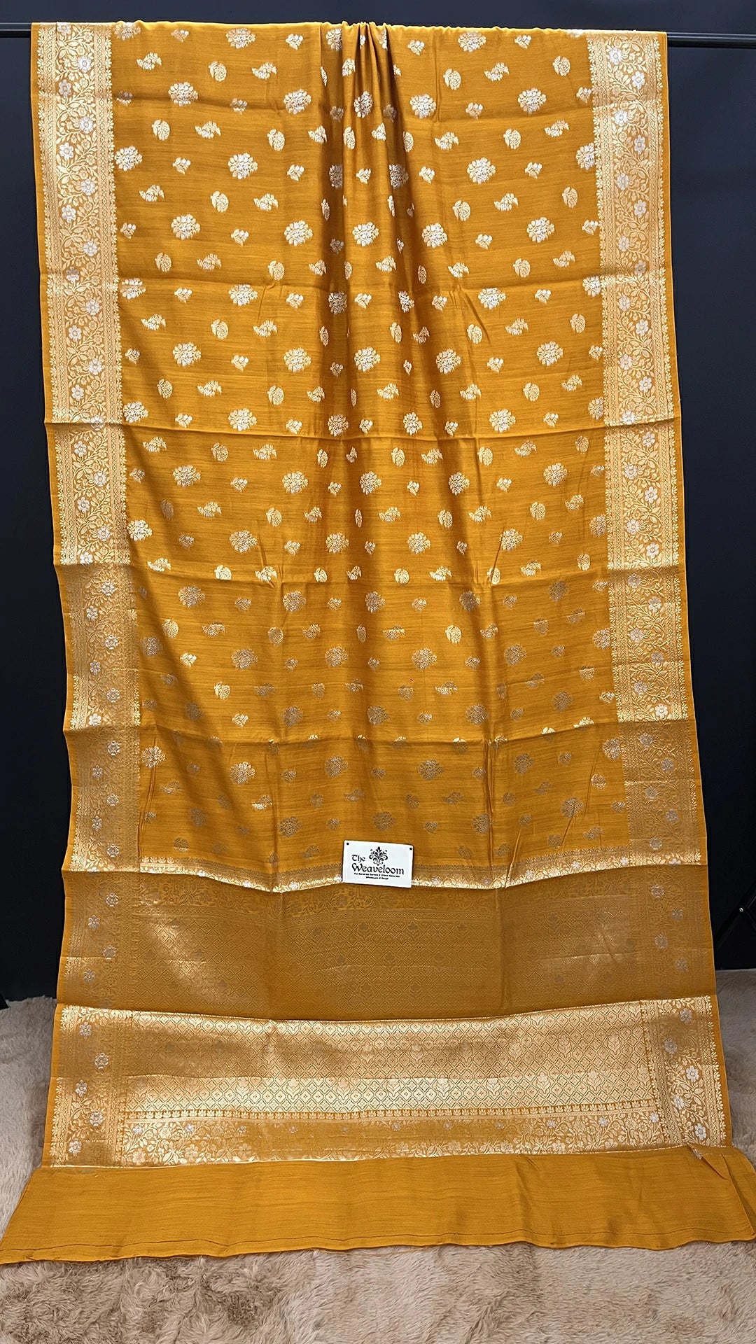 Mustard Chiniya Silk Pure Banarasi Saree with Sona Rupa Zari Buti Floral Border The Weaveloom