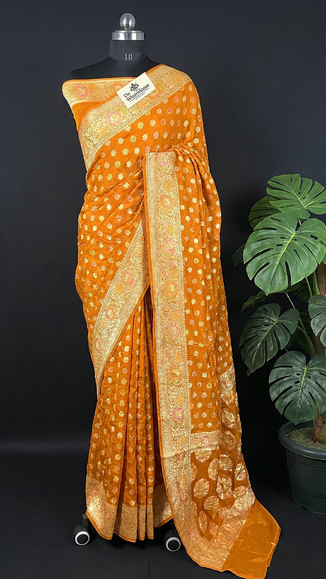 Mustard Floral Motif Crepe Georgette Pure Banarasi Saree with Golden Zari Border by The Weaveloom