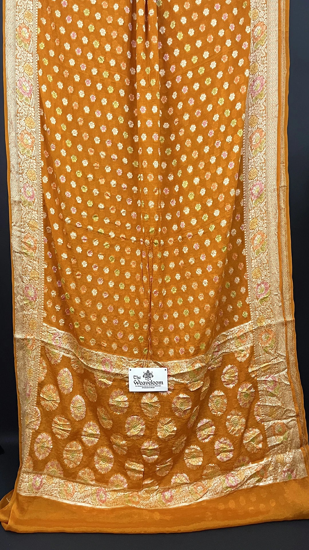 Mustard Floral Motif Crepe Georgette Pure Banarasi Saree with Golden Zari Border by The Weaveloom