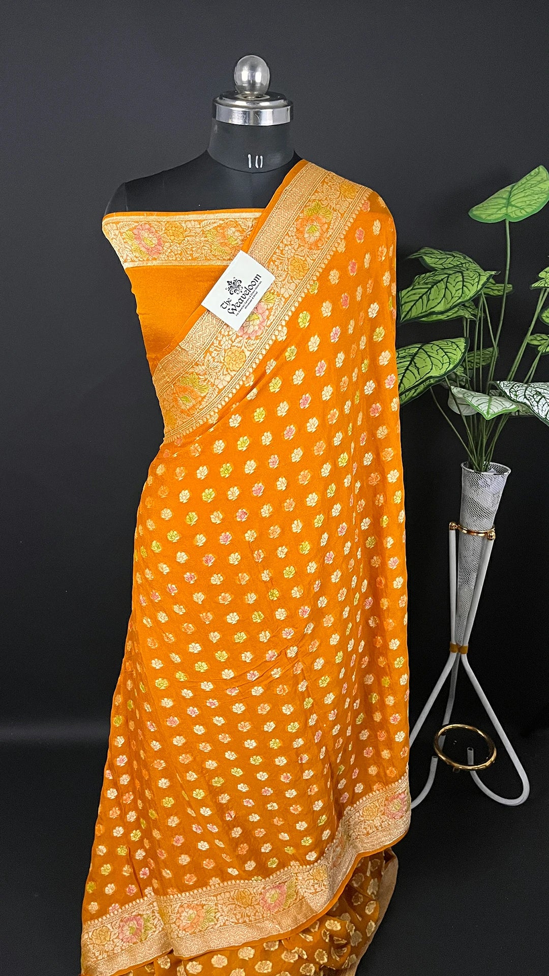 Mustard Floral Motif Crepe Georgette Pure Banarasi Saree with Golden Zari Border by The Weaveloom