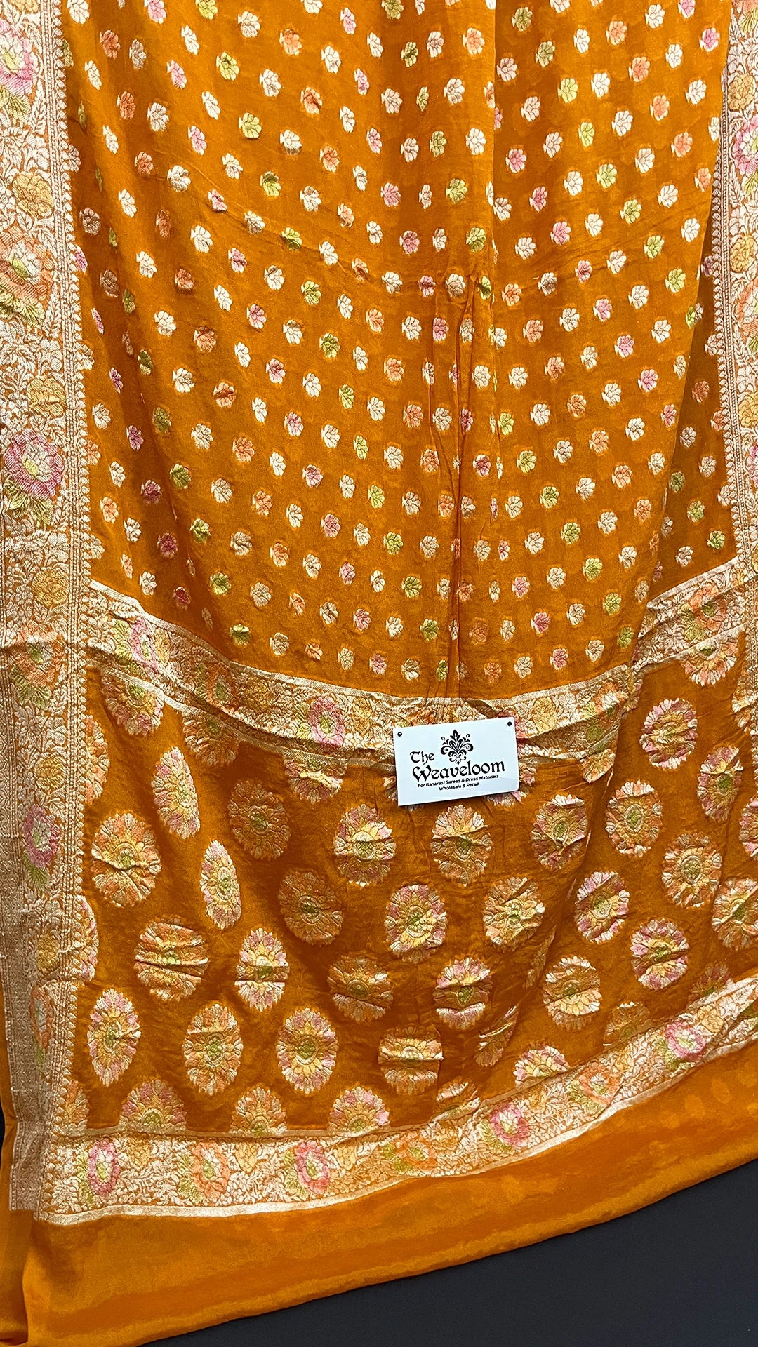 Mustard Floral Motif Crepe Georgette Pure Banarasi Saree with Golden Zari Border by The Weaveloom