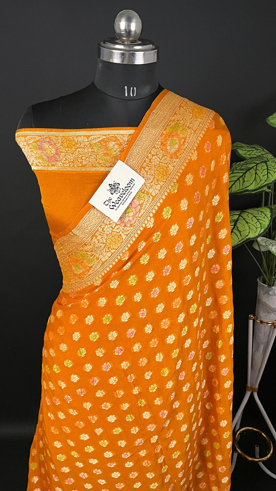 Mustard Floral Motif Crepe Georgette Pure Banarasi Saree with Golden Zari Border by The Weaveloom