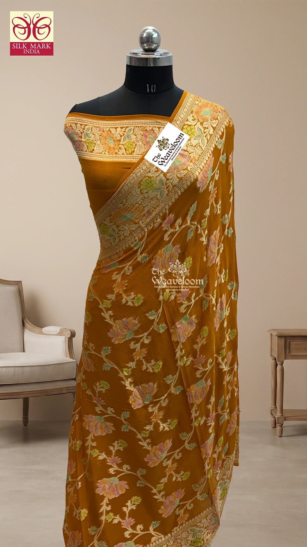 Mustard Floral Jaal Work Crepe Georgette Pure Banarasi Saree by The Weaveloom