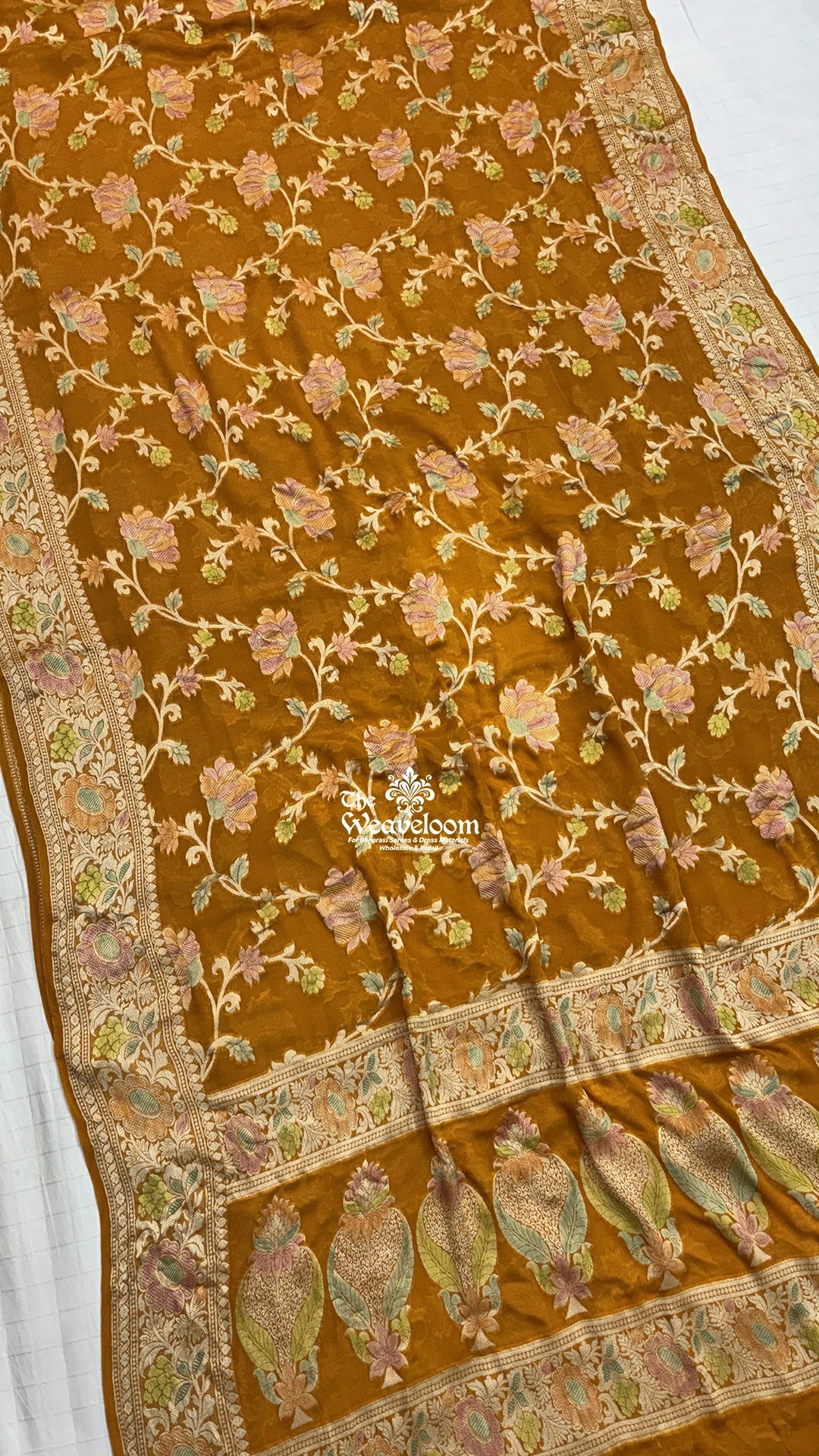 Mustard Floral Jaal Work Crepe Georgette Pure Banarasi Saree by The Weaveloom