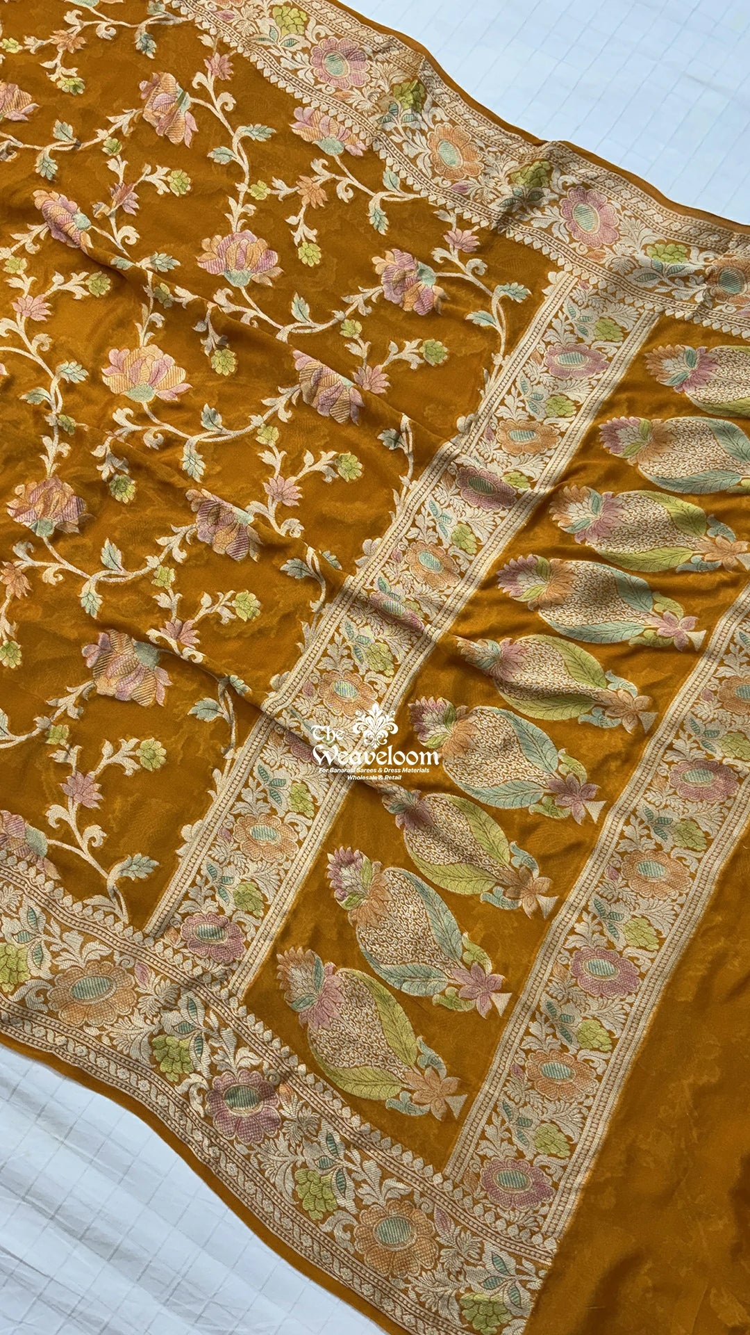 Mustard Floral Jaal Work Crepe Georgette Pure Banarasi Saree by The Weaveloom
