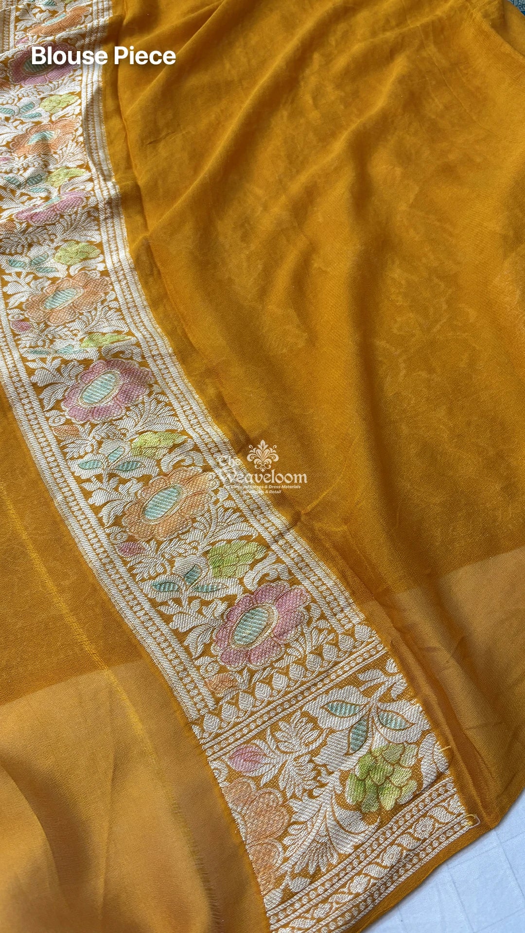Mustard Floral Jaal Work Crepe Georgette Pure Banarasi Saree by The Weaveloom