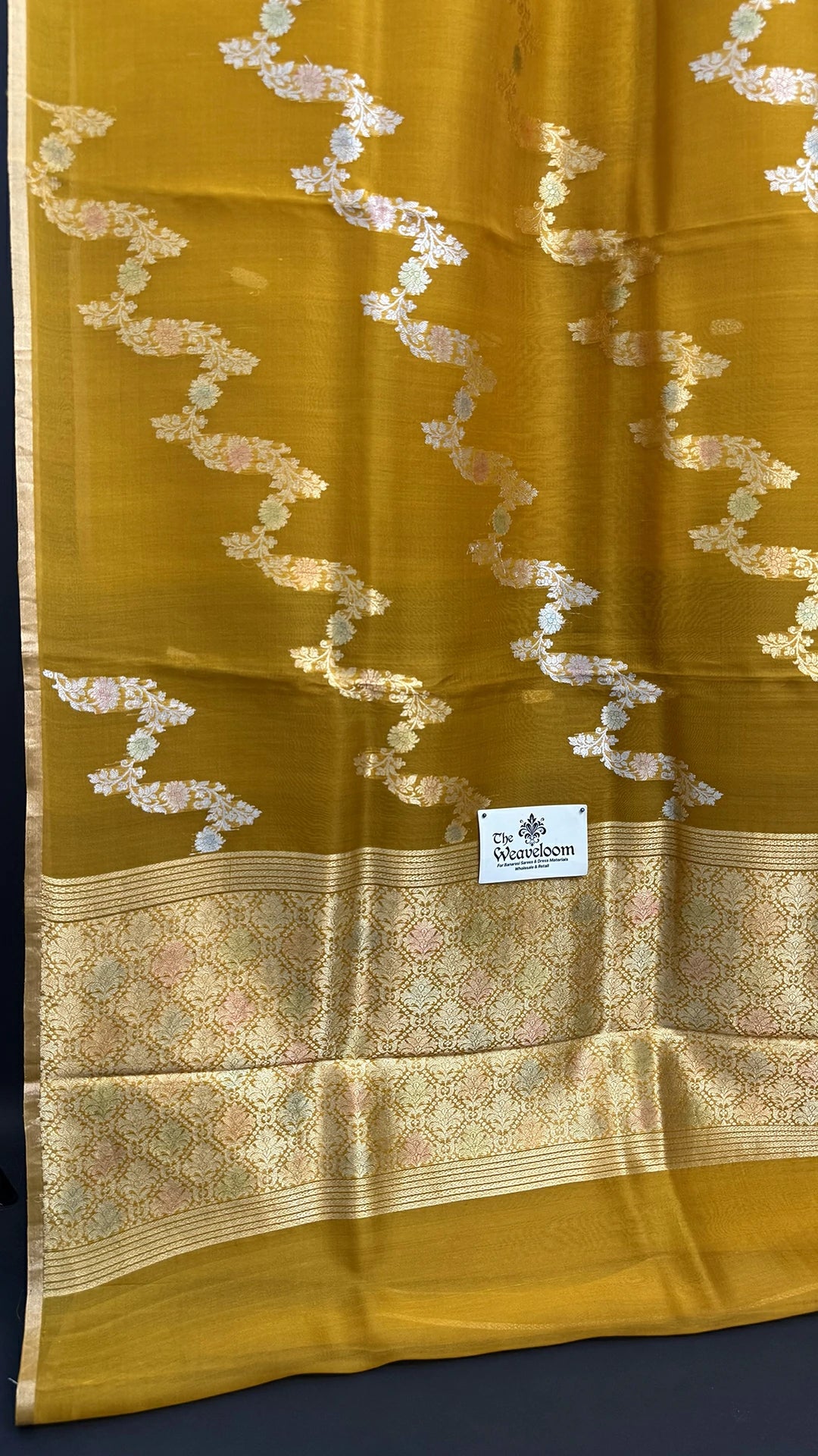 Mustard Floral Kadwa Kora Silk Pure Banarasi Saree with Sona Rupa Zari Border by The Weaveloom