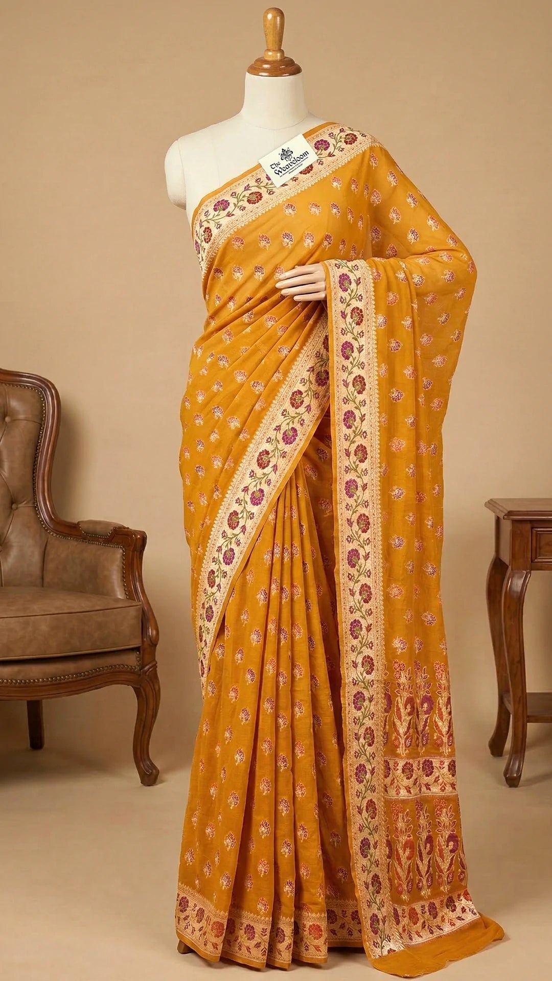 Mustard Floral Meenakari Pure Crepe Georgette Banarasi Saree with Golden Zari Border by The Weaveloom