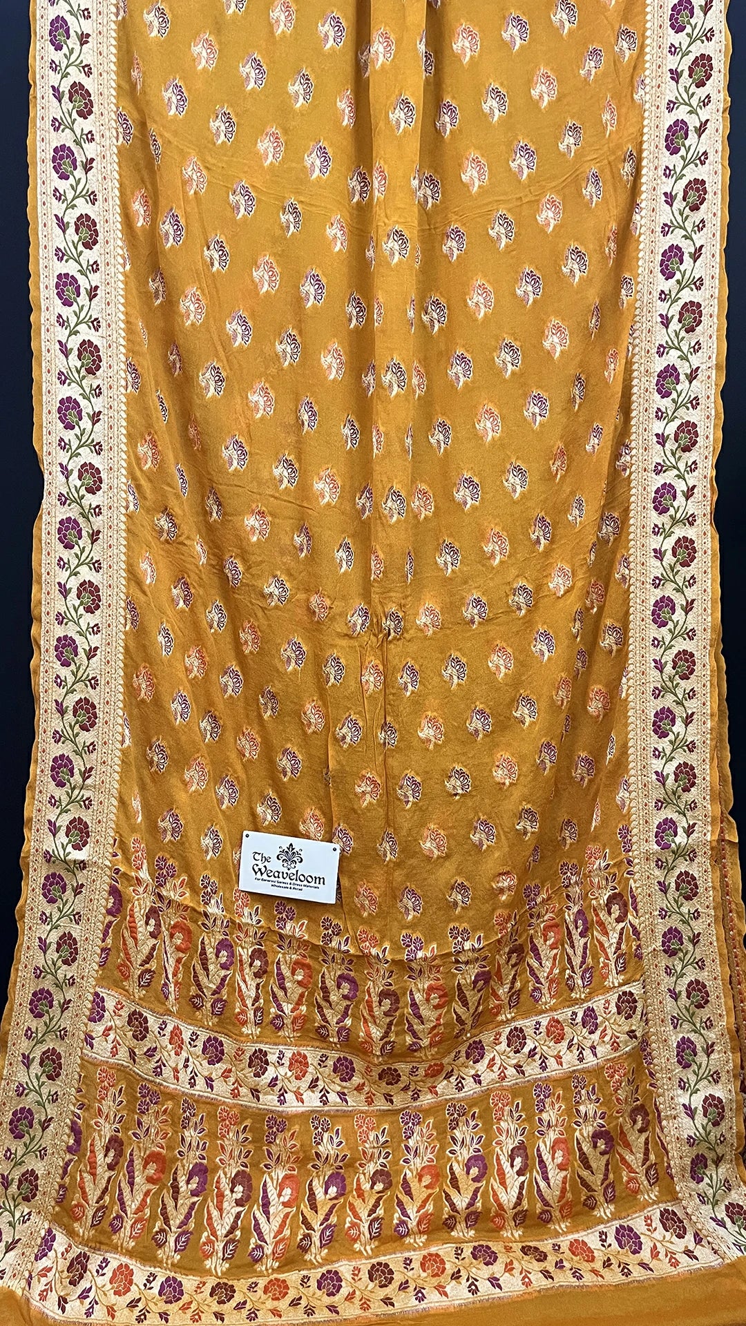 Mustard Floral Meenakari Pure Crepe Georgette Banarasi Saree with Golden Zari Border by The Weaveloom