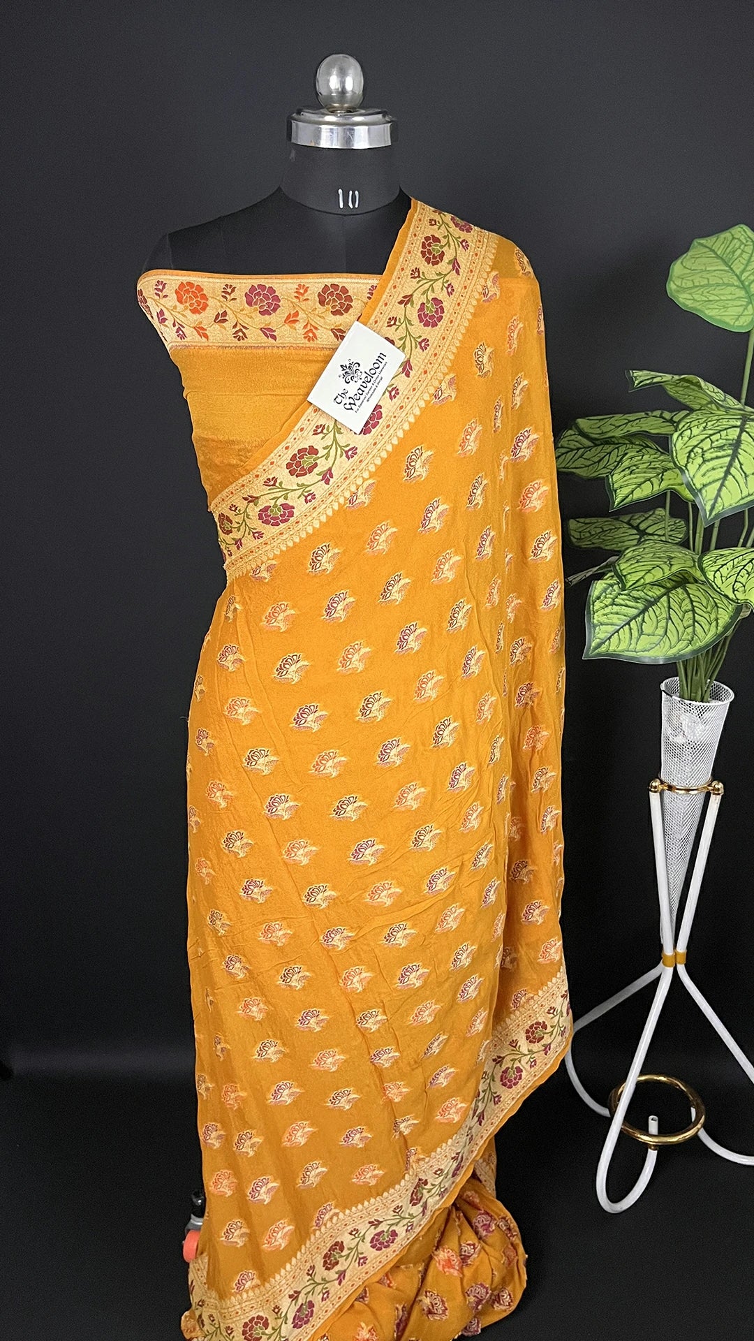 Mustard Floral Meenakari Pure Crepe Georgette Banarasi Saree with Golden Zari Border by The Weaveloom