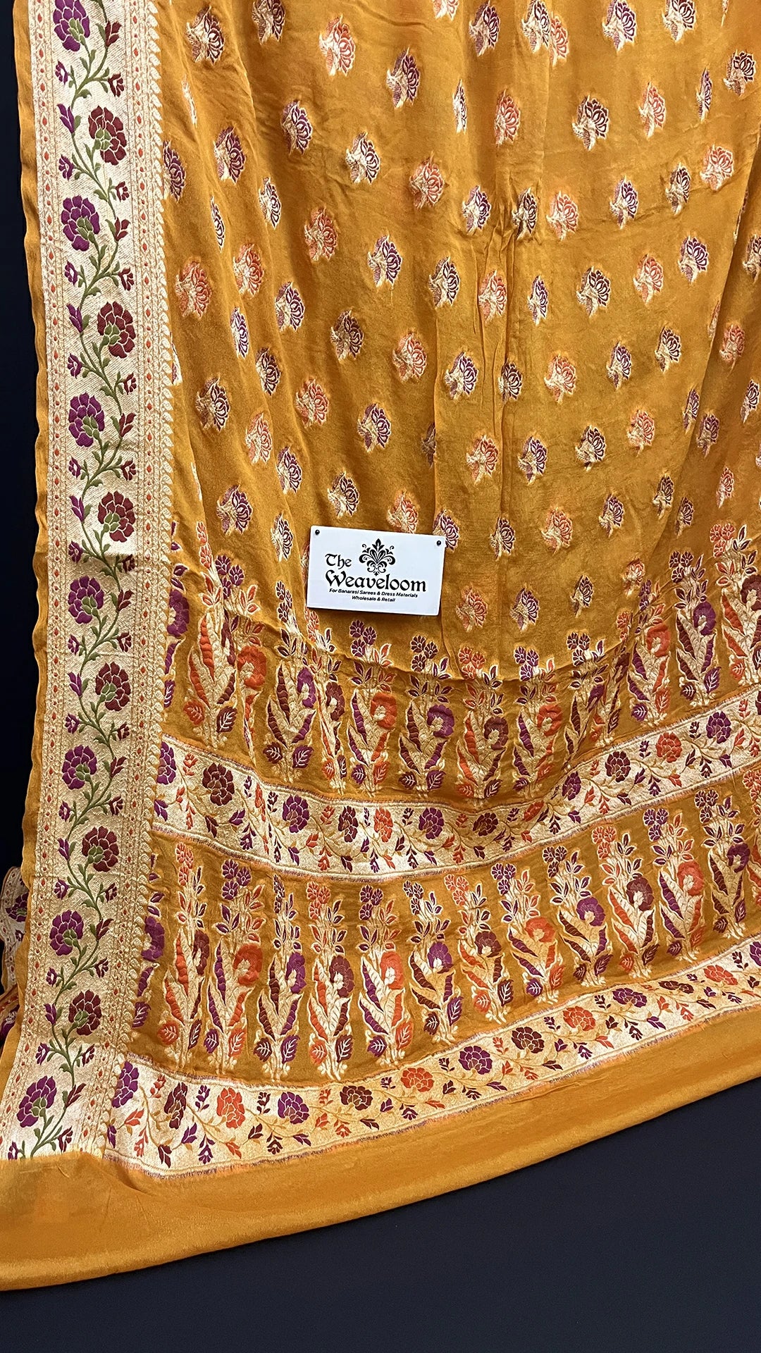Mustard Floral Meenakari Pure Crepe Georgette Banarasi Saree with Golden Zari Border by The Weaveloom