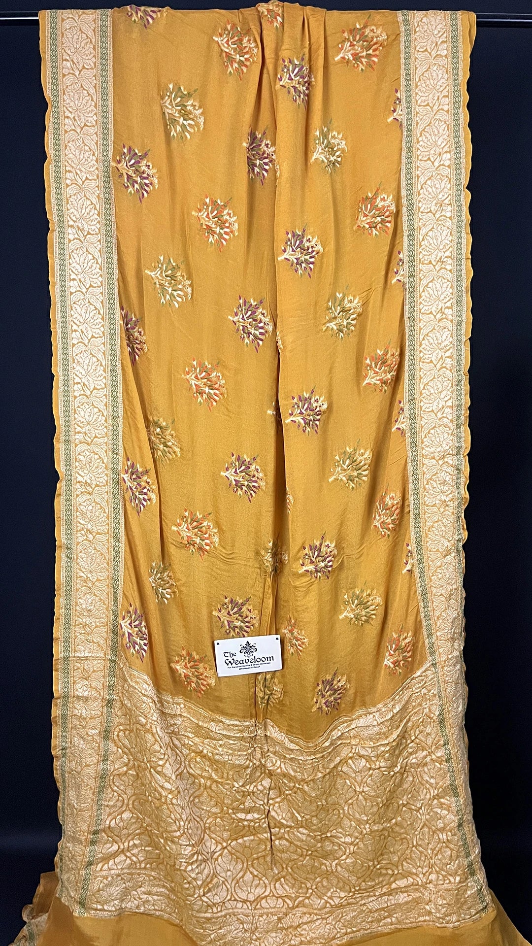 Mustard Floral Meenakari Crepe Georgette Pure Banarasi Saree with Golden Zari Border by The Weaveloom